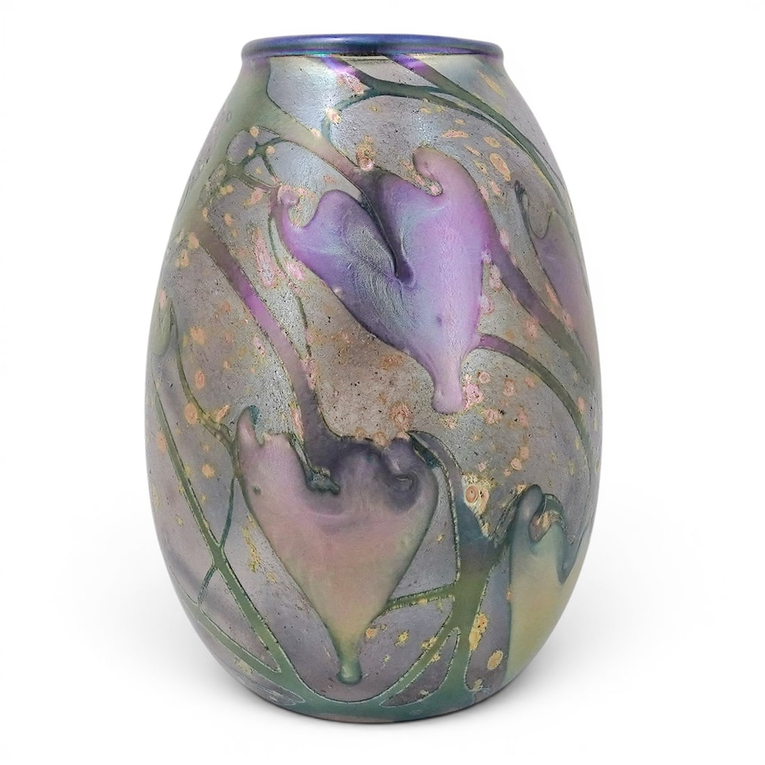 Charles Lotton (Amer., 1935-2021) Iridescent Finished Art Glass Vase: Charles Lotton (Amer., 1935-2021) Iridescent Finished Art Glass Vase 2003, USA Iridescent art glass vase by Charles Lotton, featuring a gold splatter finish over a luminous iridescent surface. Organic
