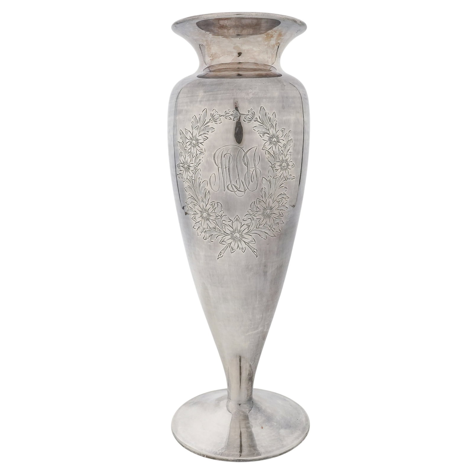 Art Nouveau Silver Overlay & Green Glass Vase: Art Nouveau Silver Overlay & Green Glass Vase Late 19 to early 20th Cent. American Turn-of-the-century Art Nouveau art glass vase featuring a rich emerald green glass body encased in a thick, hand-eng