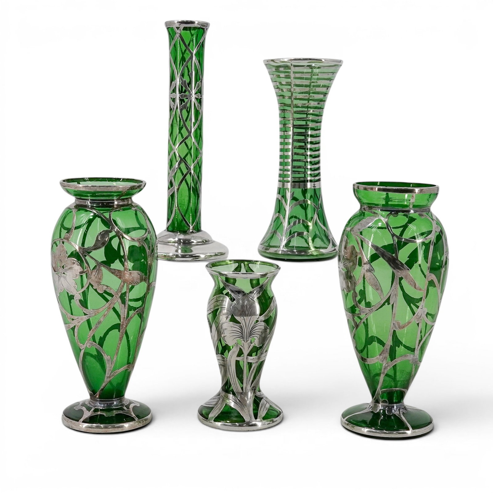 (5 pc) Art Nouveau Alvin Sterling Silver Overlay Glass Vases: (5 pc) Art Nouveau Alvin Sterling Silver Overlay Glass Vases early 20th century. USA Each vase is made of a deep, rich emerald green art glass. The exteriors are decorated with a fine, polished sterli