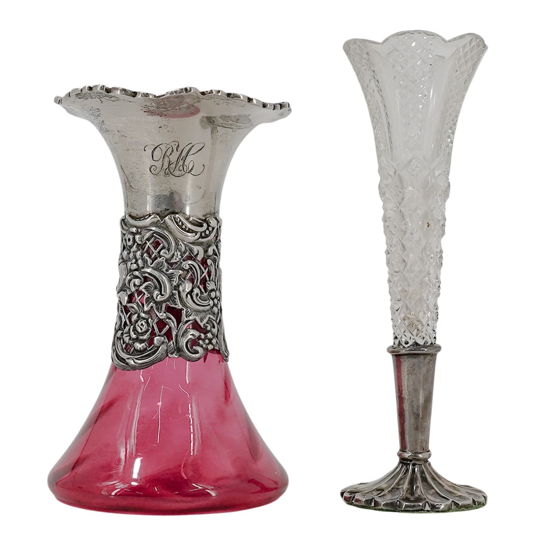 (2 pcs) Antique English Sterling & Glass Bud Vases (1 of 7)