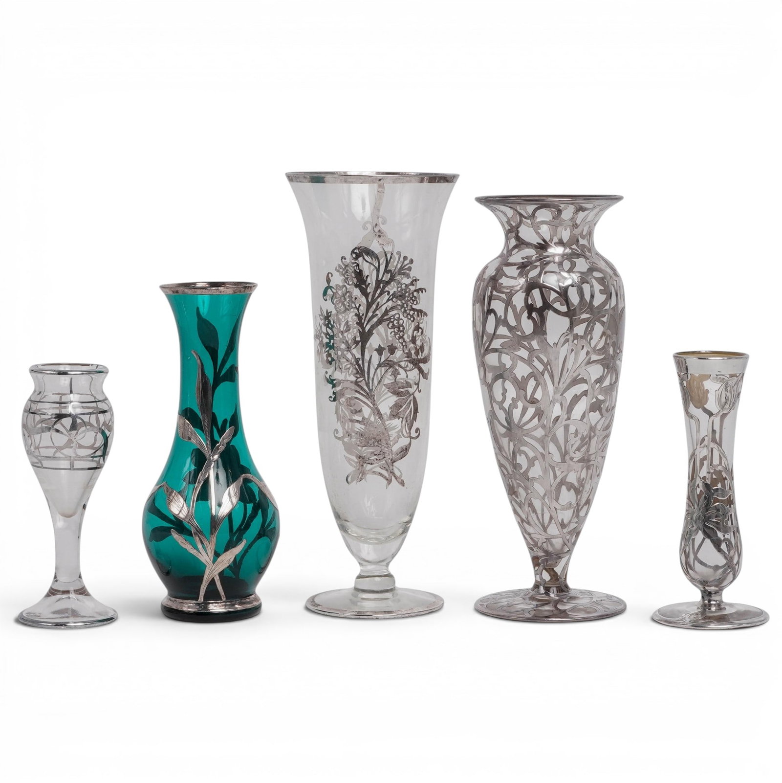 (5 pc) Art Nouveau Sterling Silver Overlay Glass Vases (1 of 13)