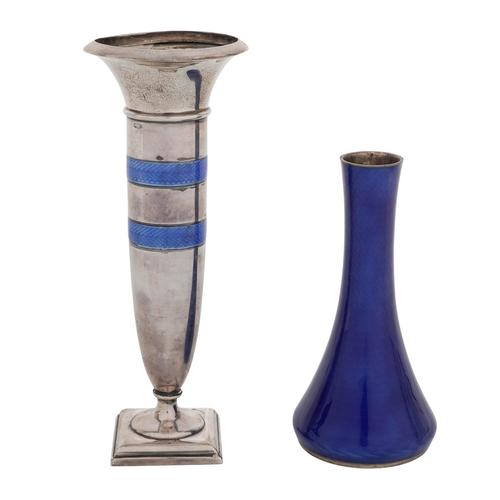 (2pc) Charles E. Turner And David Andersen Sterling & Gilloche Vases: (2pc) Charles E. Turner And David Andersen Sterling & Gilloche Vases Early 20th Cent., English, Norweian Two-piece sterling and blue gilloche lot, including: (1) Sterling and blue Gilloche English vas