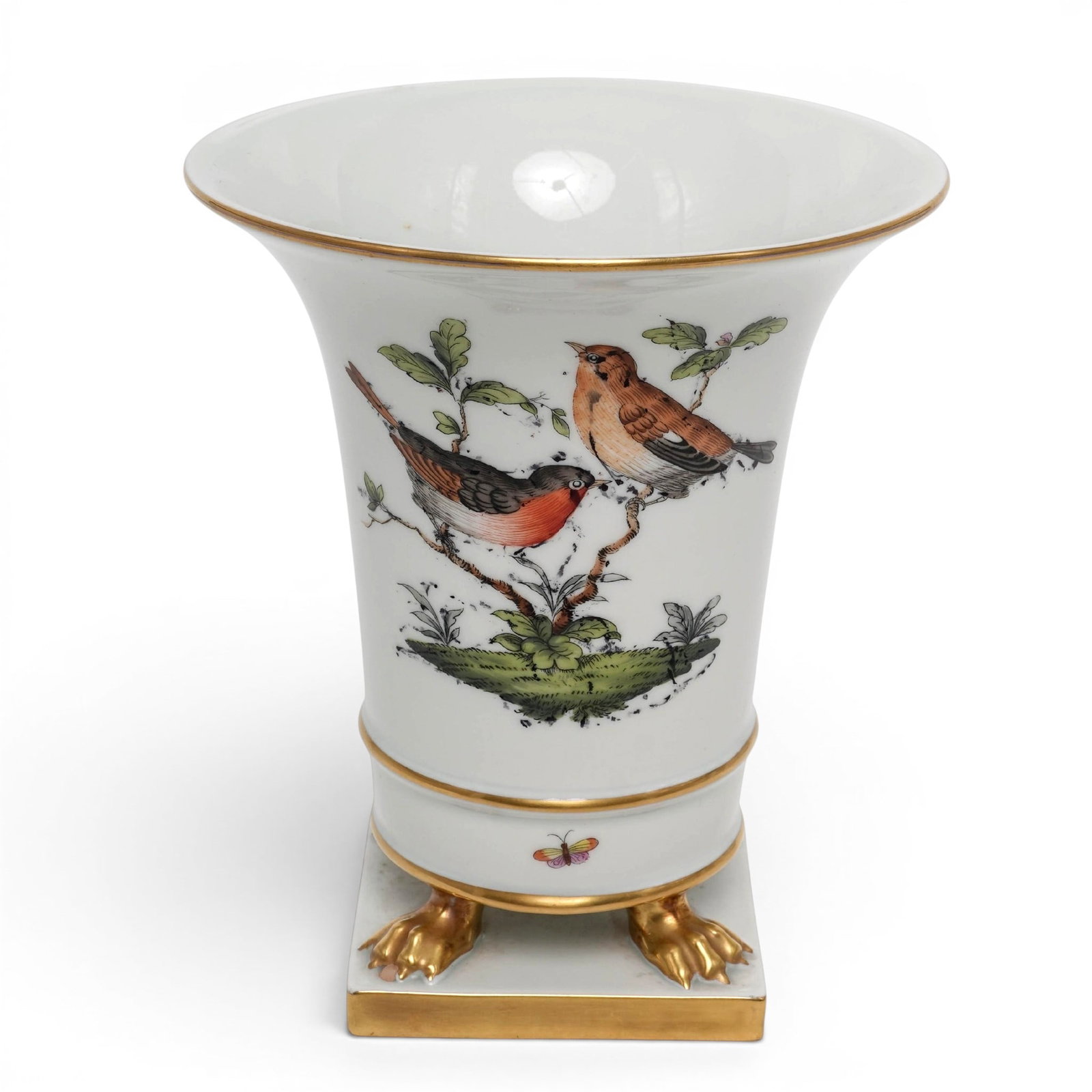 Herend "Rothschild Bird" Porcelain Claw Foot Vase: Herend "Rothschild Bird" Porcelain Claw Foot Vase Early to mid 20th century, Hungarian Herend porcelain Empire-style claw footed vase #6433 in the "Rothschild Bird" pattern. Marked on bottom with Here