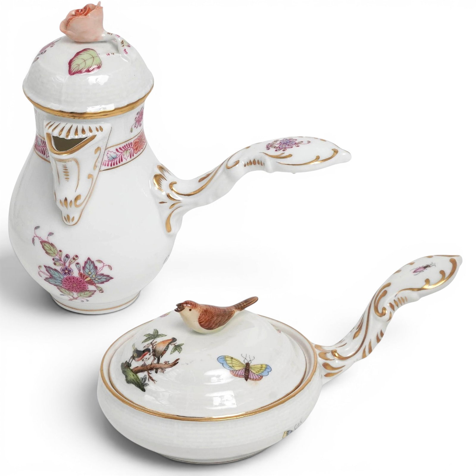 (2 pc) Herend Queen Victoria Porcelain Coffee Pit & Patty Pan: (2 pc) Herend Queen Victoria Porcelain Coffee Pit & Patty Pan Mid 20th Cent, Hungary Group comprising a porcelain coffee pot and patty pan by Herend Porcelain Manufactory in the Queen Victoria pattern