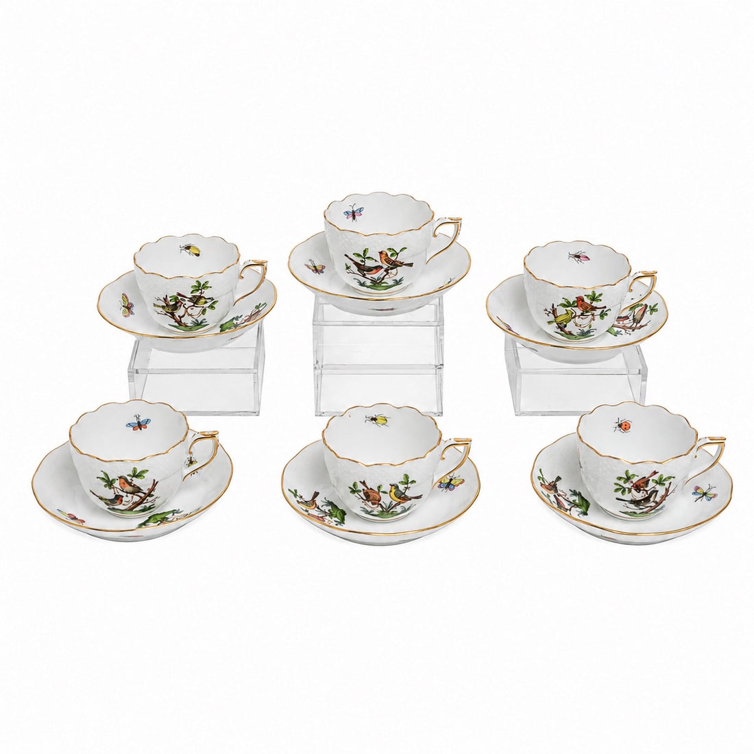 (6 pc) Herend Rothschild Bird Porcelain Teacups & Saucers Sets (1 of 8)