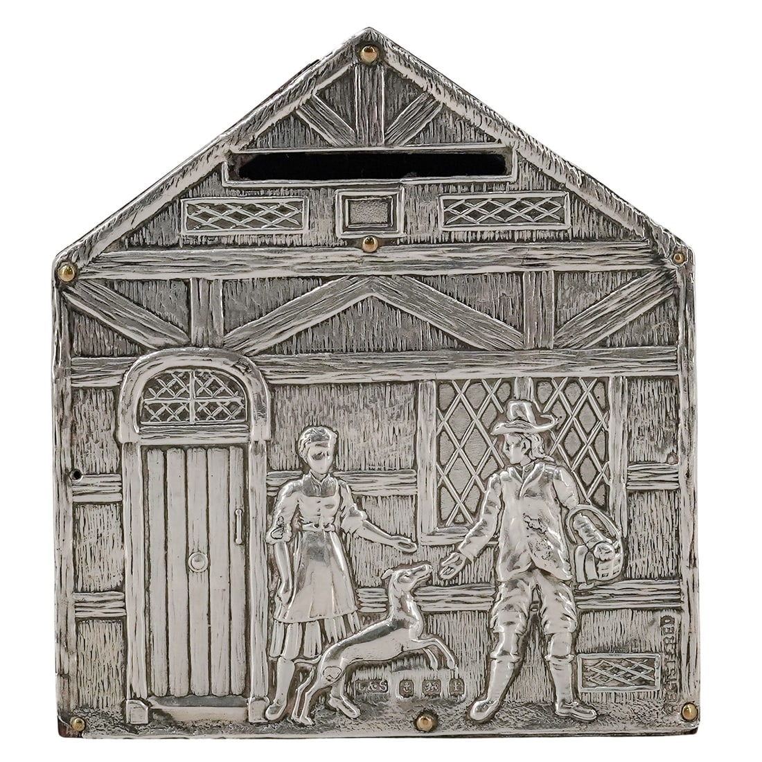 Levi & Salaman Sterling Silver & Wood Barn Coin Bank: Levi & Salaman Sterling Silver & Wood Barn Coin Bank Early 20th Cent, England ovelty coin bank modeled as a barn, with wood body and sterling silver-mounted elements. English hallmarks present, includ