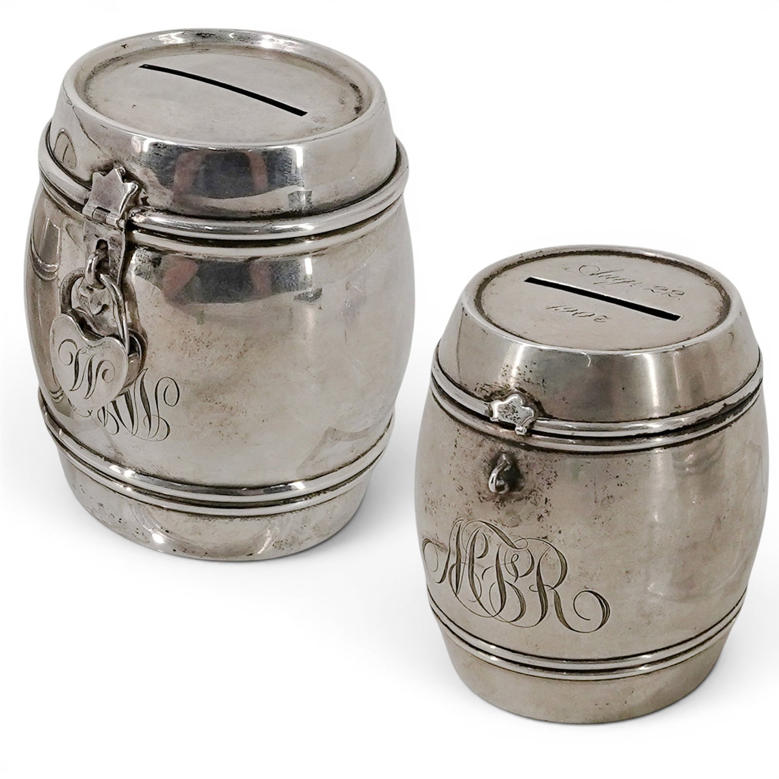 (2 pc) George A Henckel & Co. Sterling Silver Barrel Coin Banks (1 of 11)