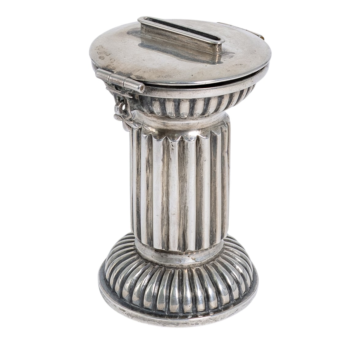 Antique Silver Neoclassical Column Coin Box: Antique Silver Neoclassical Column Coin Box 19th century A sterling Neoclassical column designed Coin box. Marked on bottom with three marks. Presence of city mark with "13" indicates possible Austria
