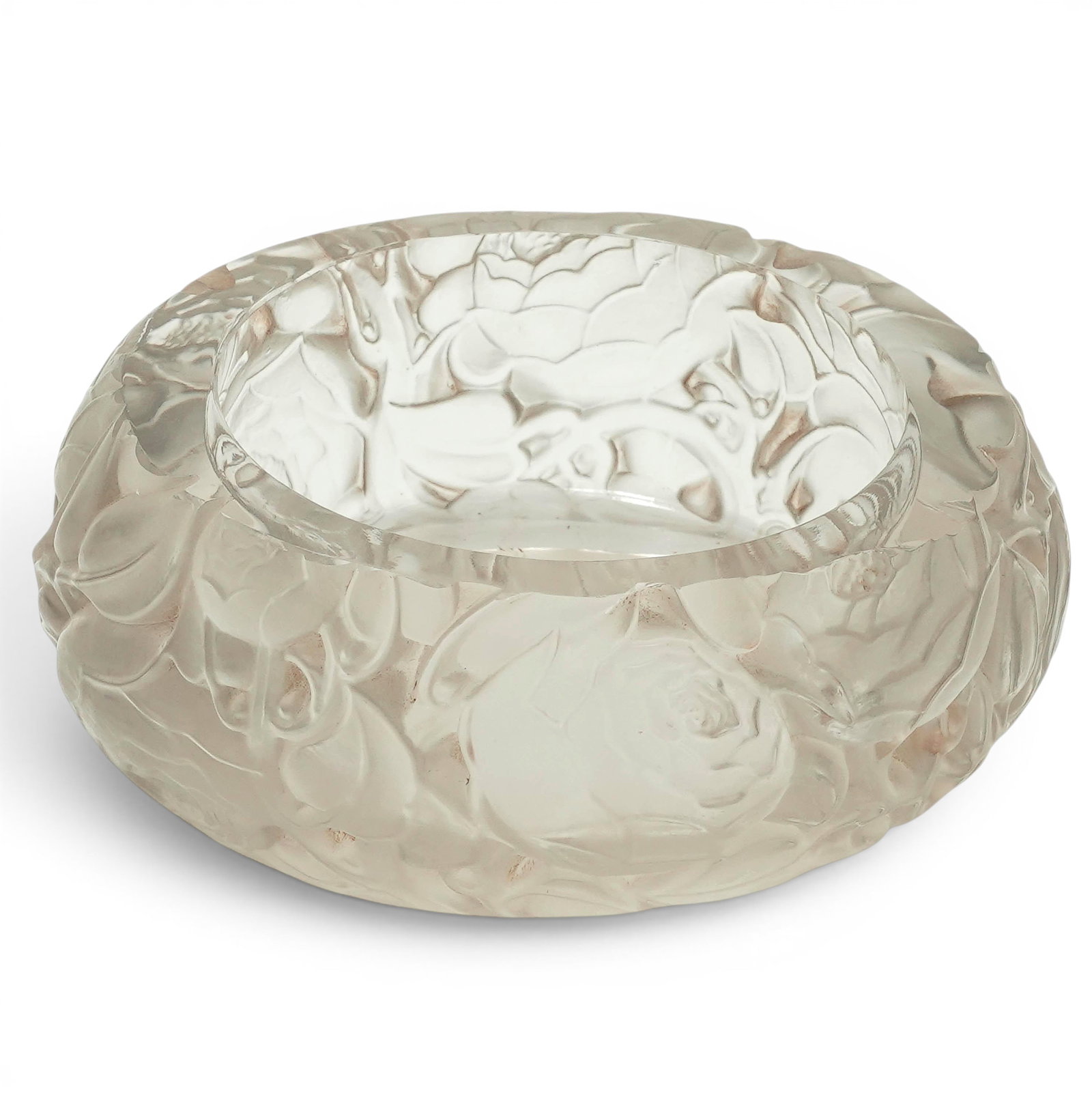 R. Lalique Dinard Rose Crystal Bowl: R. Lalique Dinard Rose Crystal Bowl 20th Cent, France Crystal bowl by René Lalique in the Dinard pattern, featuring molded rose motifs in relief around the body. Clear crystal construction with frost