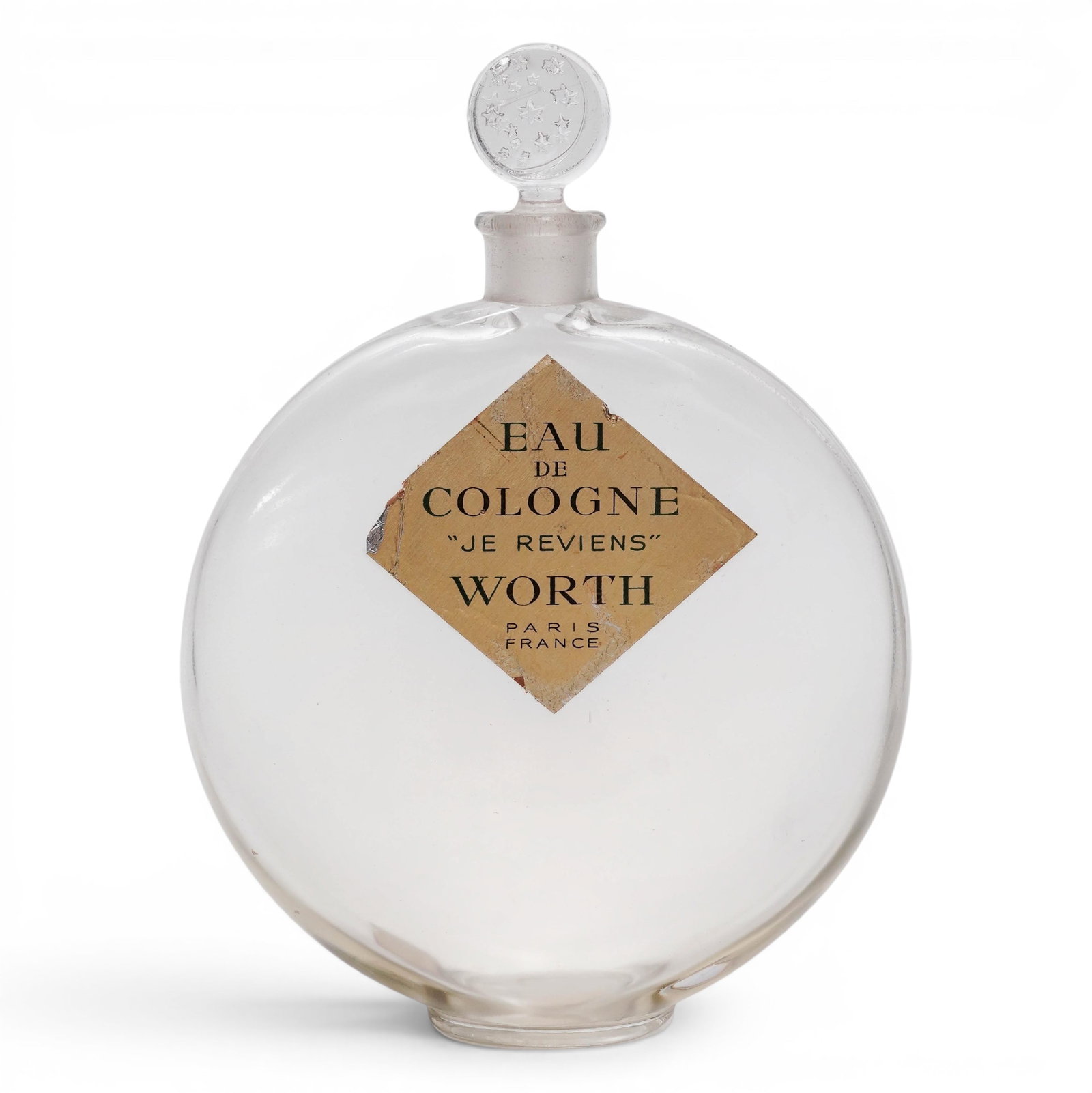Lalique For Worth "Je Reviens" Eau De Cologne Perfume Decanter: Lalique For Worth "Je Reviens" Eau De Cologne Perfume Decanter Early 20th Cent, France Perfume decanter for House of Worth Je Reviens Eau de Cologne, featuring a molded glass body with fitted stopper.
