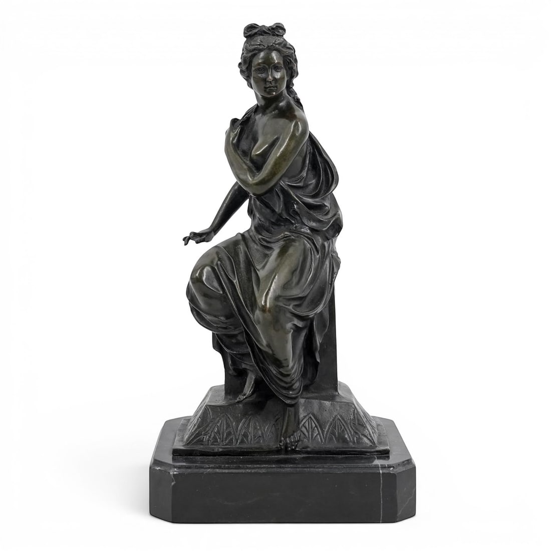 Auguste Moreau Style Bronze Semi-Nude Sculpture: Auguste Moreau Style Bronze Semi-Nude Sculpture This large sculpture is a classical-style bronze figure of a seated partially draped woman. It is a solid, hot-cast bronze figure featuring a rich, dark