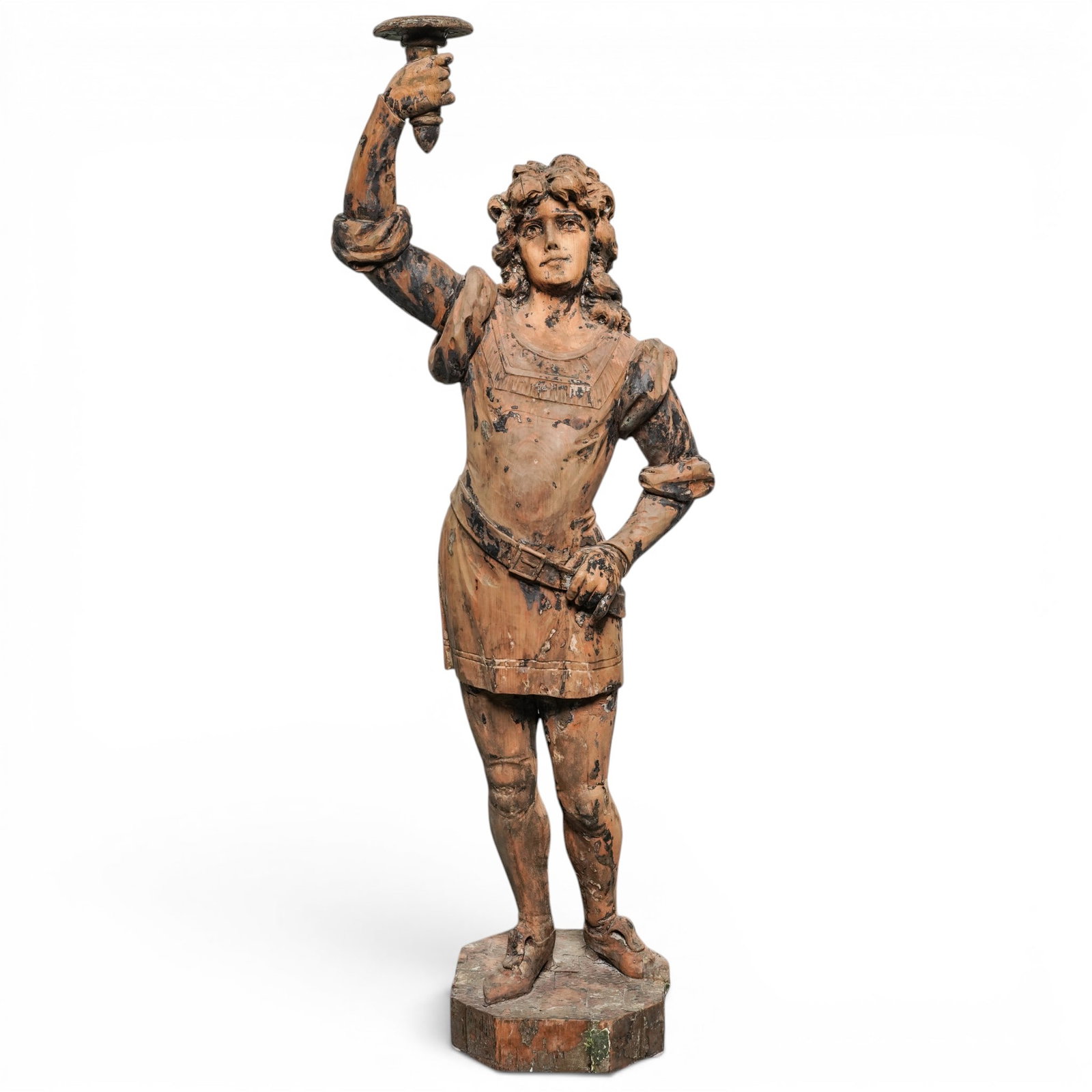 Antique Italian Carved Wood Cavalier Sculpture: Antique Italian Carved Wood Cavalier Sculpture Late 18th-19th century, Italian An antique Italian carved wood sculpture depicting a cavalier or pageboy. H 54" x W (elbow to opposite shoulder): 22" x W