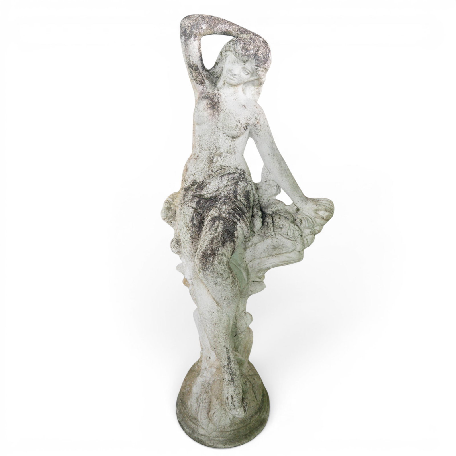 Cast Stone Nymph Garden Sculpture: Cast Stone Nymph Garden Sculpture 20th century A cast stone garden sculpture depicting a nude female nymph figure. H 44.5" x W 19"