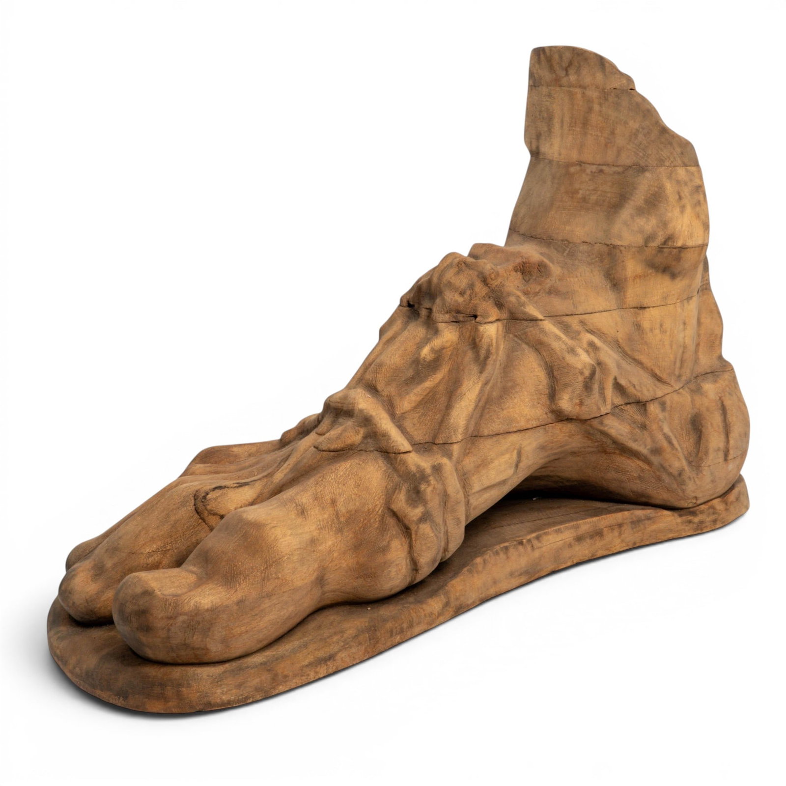 Large Greco Roman Style Carved Wood Foot Sculpture: Large Greco Roman Style Carved Wood Foot Sculpture 20th century, European This item is a carved wooden sculpture designed to look like a colossal, fragmented Roman-style foot wearing a strapped sandal