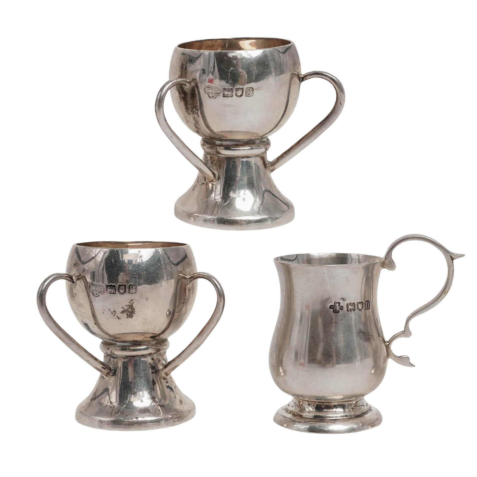 (3 pc) English Sterling Silver Miniature Loving Cups & Pitcher (1 of 8)