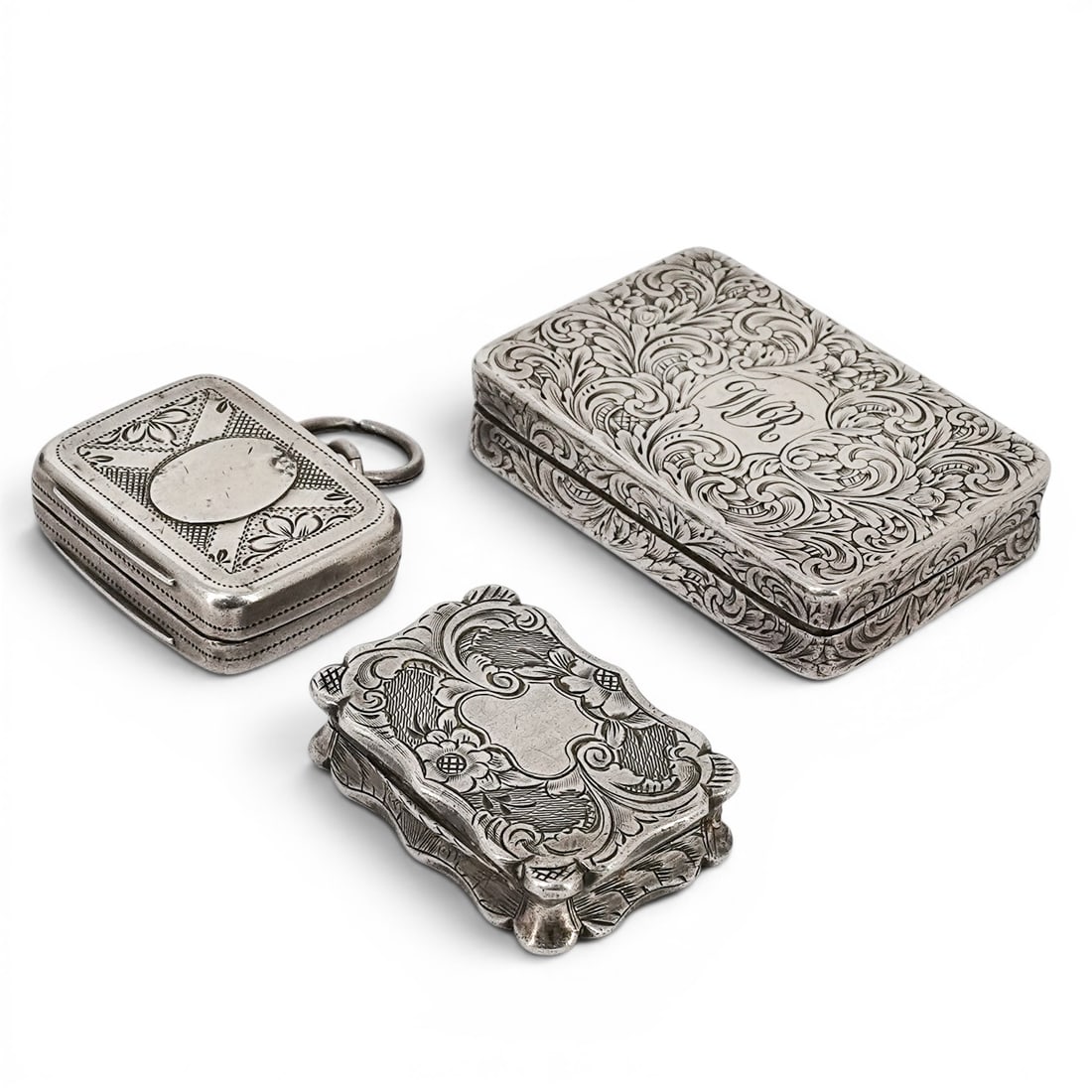 (3 pc) Antique Sterling Silver English Miniature Snuff Boxes (1 of 7)