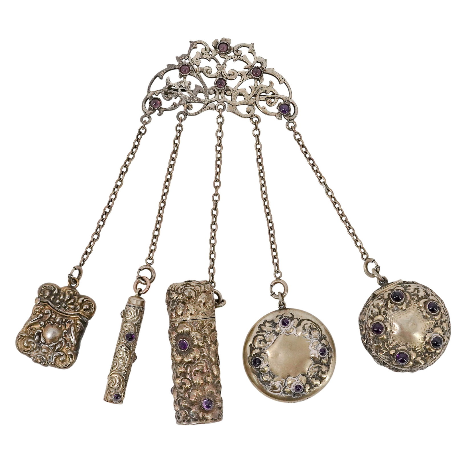 Antique Sterling Silver Repousse & Amethyst Chatelaine (1 of 6)
