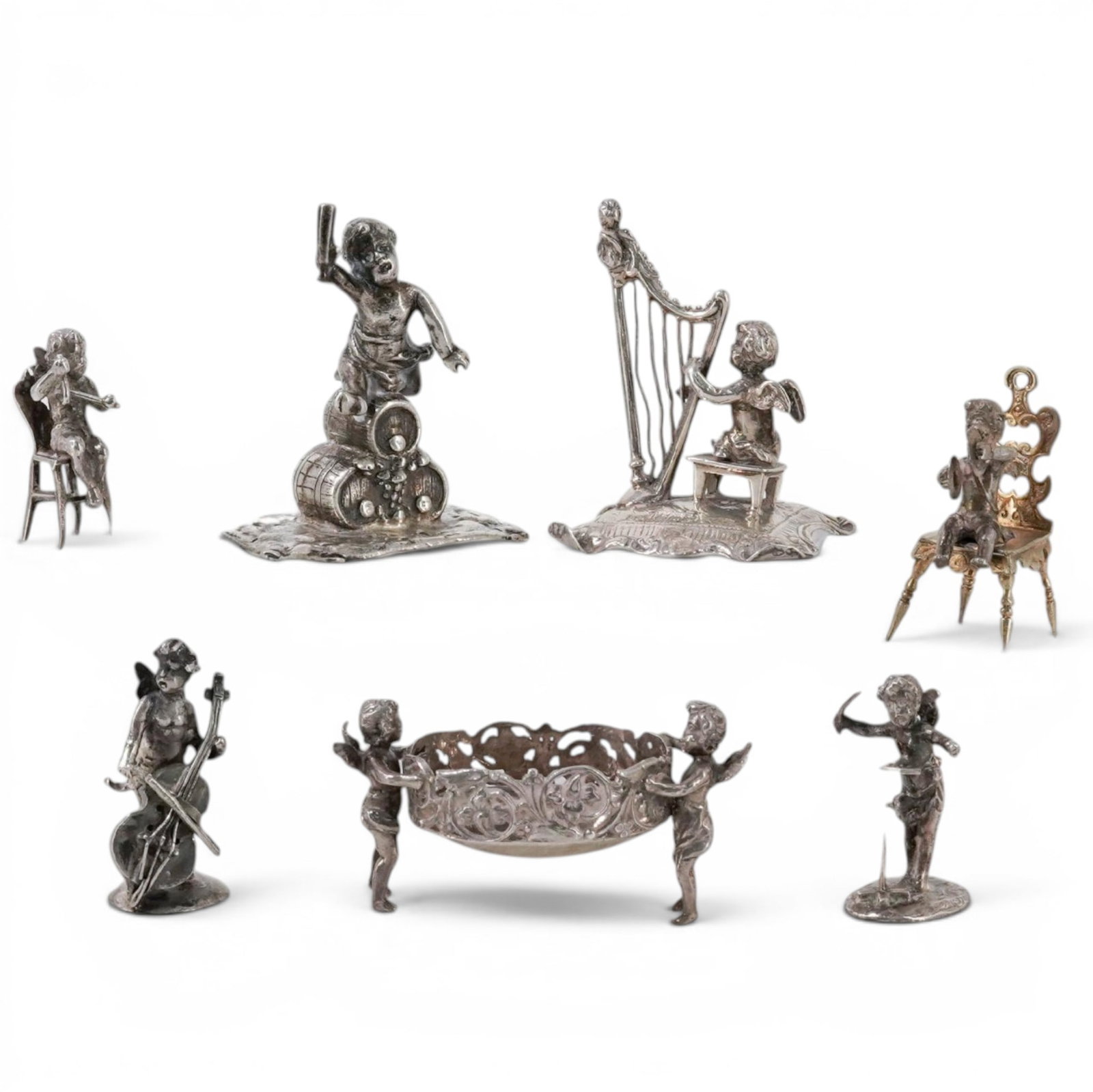 (7 pcs) Antique Sterling Silver Miniature Cherub Figurines (1 of 13)