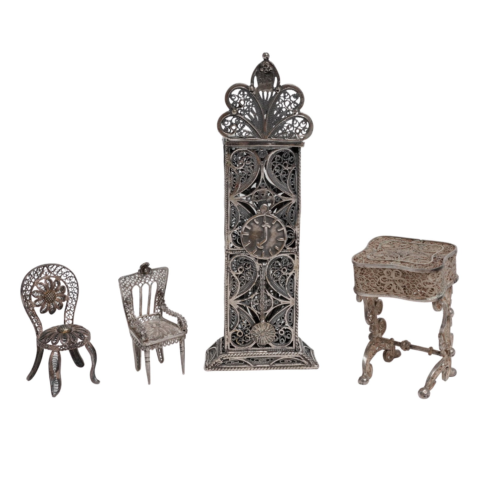 (4 pc) Antique Sterling Silver Filigree Dollhouse Furniture (1 of 10)