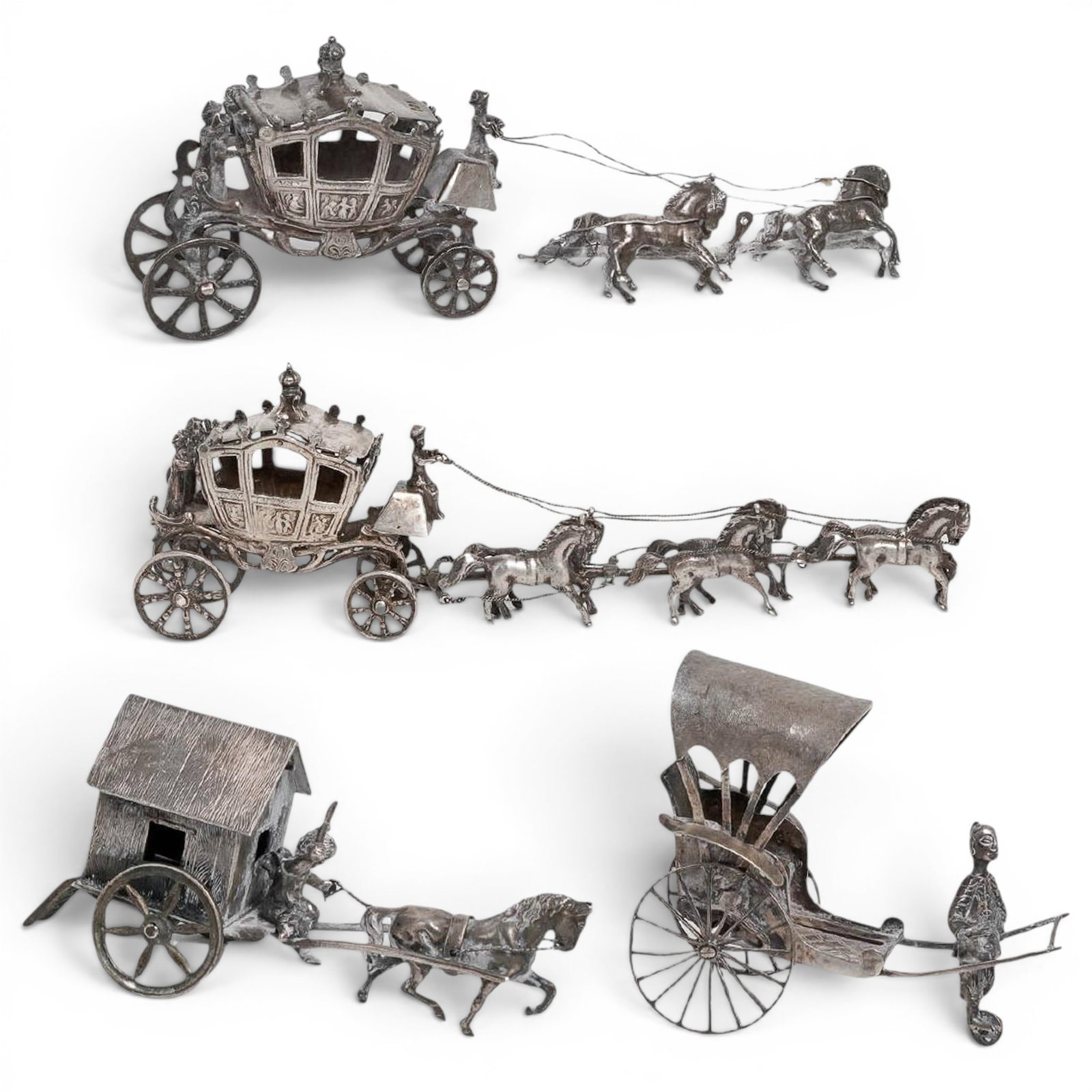 (4 Pc) Antique Sterling & 800 Silver Carriages Miniatures: (4 Pc) Antique Sterling & 800 Silver Carriages Miniatures Late 19th to early 20th Cent., Chinese,German, English Silver miniature carriage collection including: (1) Chinese Qing Export Silver miniatur