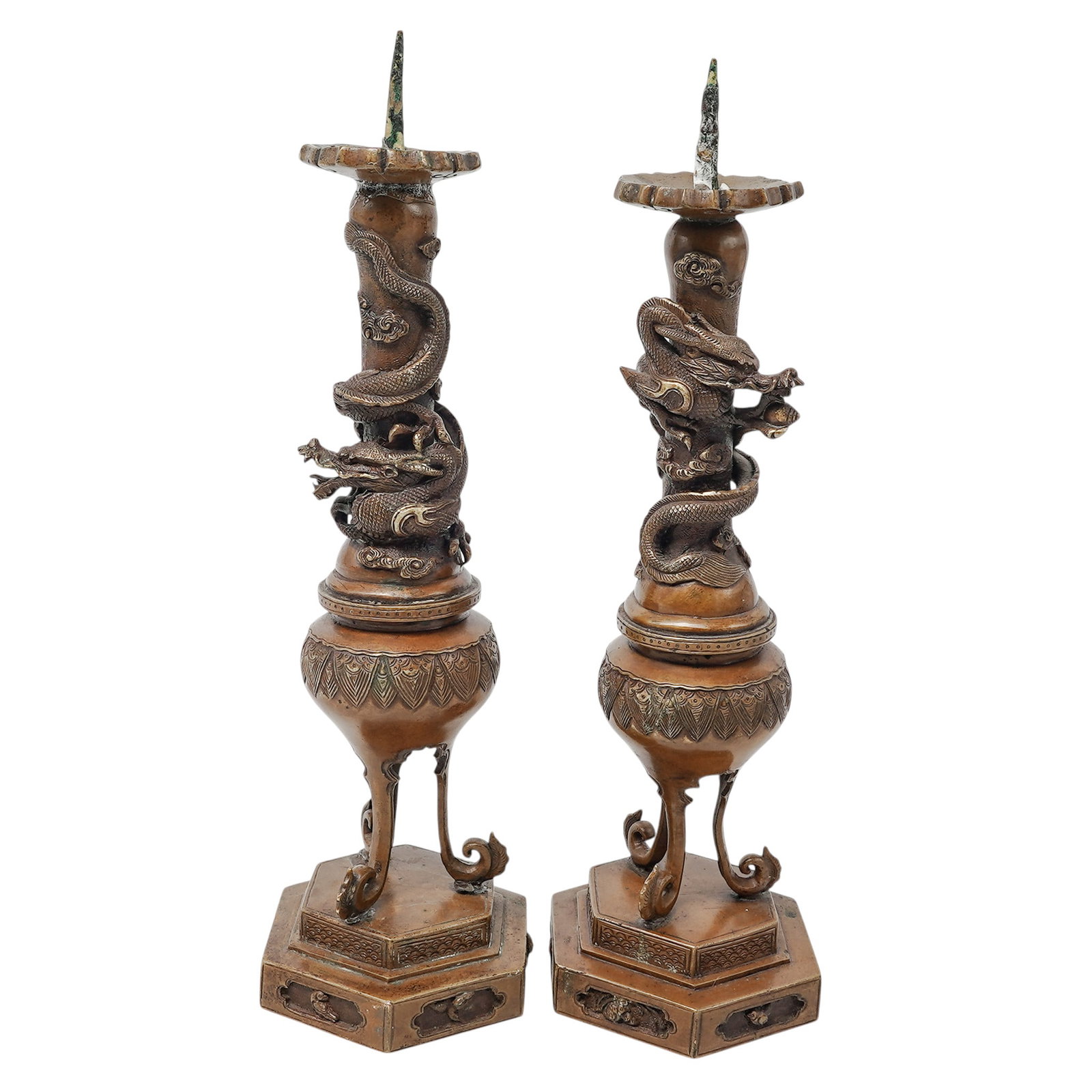 Pair Japanese Meiji Period Bronze Dragon Pricket Candlesticks (1 of 11)