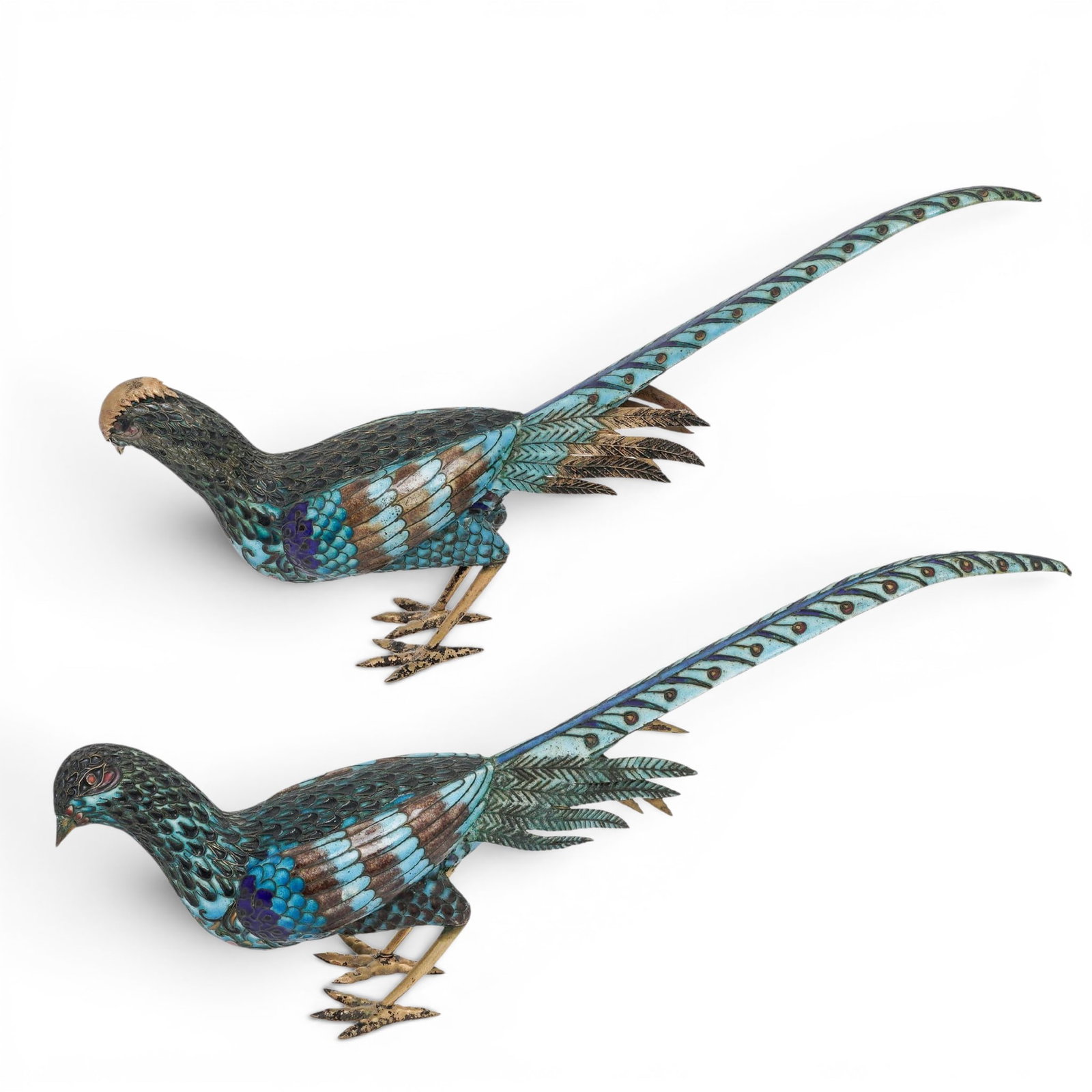 Pair Of Chinese Export Cloisonne Pheasants: Pair Of Chinese Export Cloisonne Pheasants Mid 20th Cent., Chinese This is a pair of Chinese export cloisonne enamel and filigree bird figurines, stylized to resemble pheasants. They feature highly in