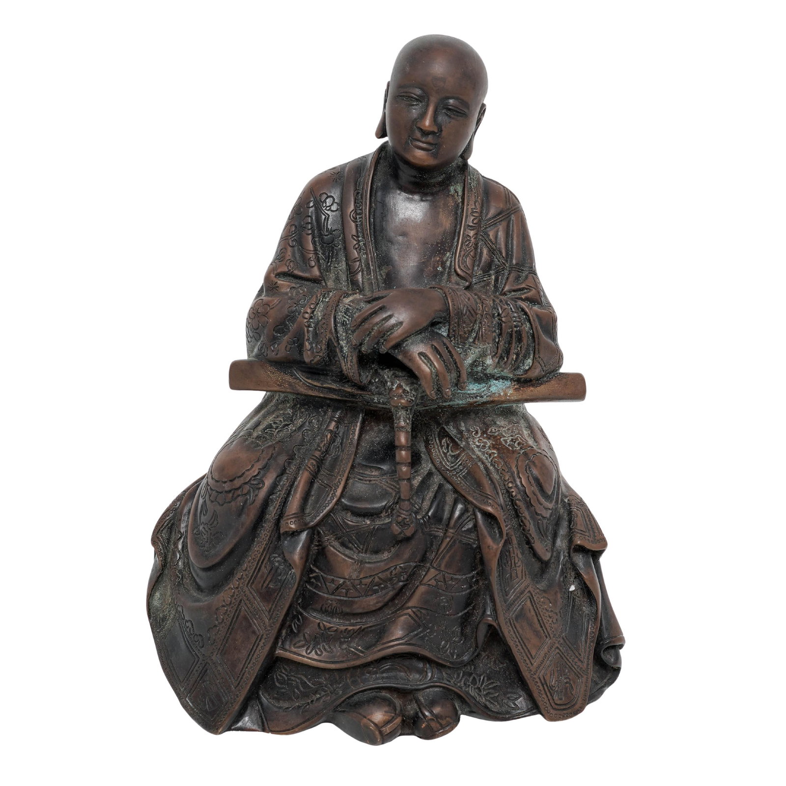 Chinese Patinated Bronze Luohan Statue: Chinese Patinated Bronze Luohan Statue Mid 20th Cent., Chinese The figure is seated in a relaxed posture, holding a long, slender ritual staff or fly-whisk handle horizontally across his lap with both