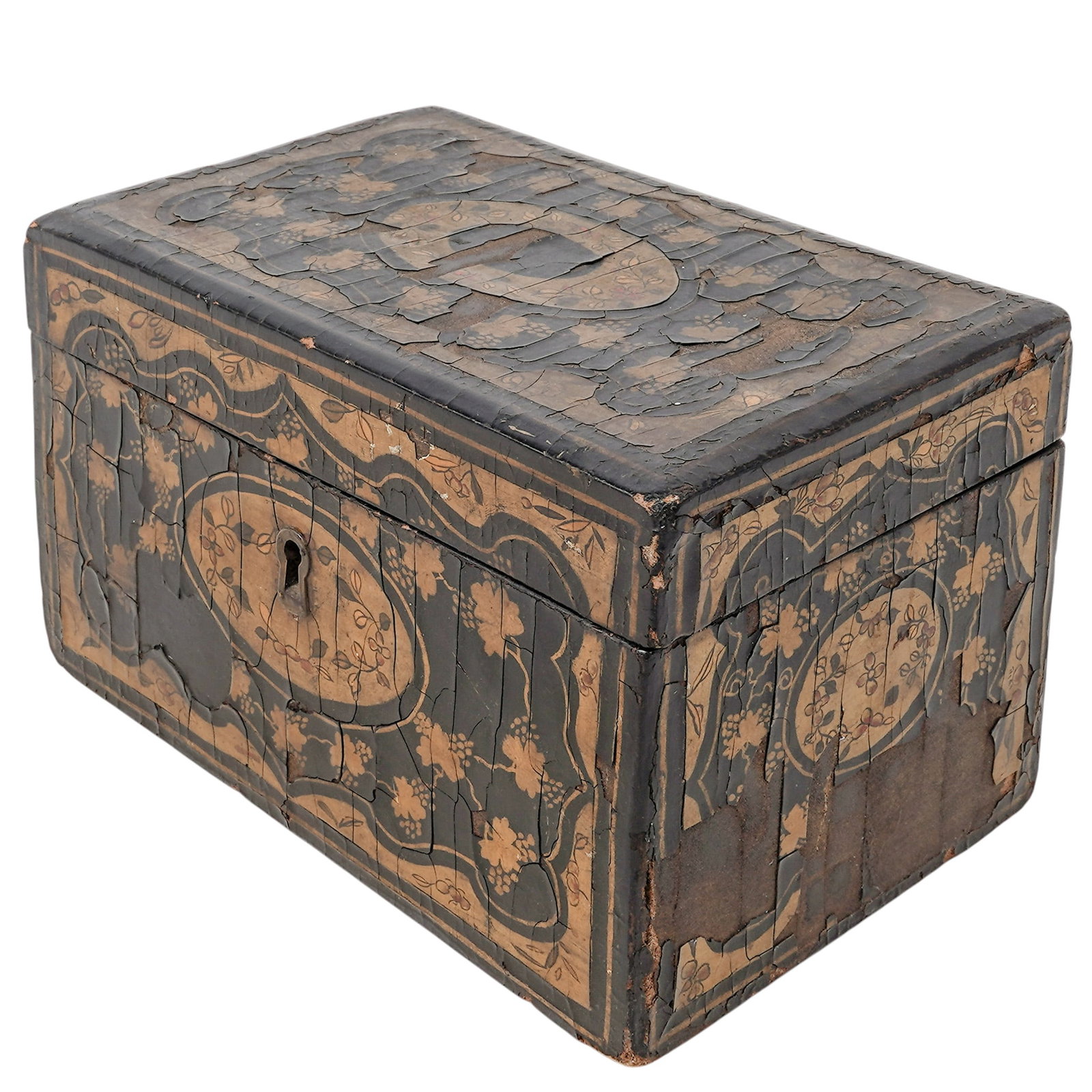 Qing Dynasty Chinese Export Black Lacquer & Gilt Tea Caddy: Qing Dynasty Chinese Export Black Lacquer & Gilt Tea Caddy 19th century, Chinese 19th-century Chinese export black lacquer and gilt tea caddy. Design Context: These distinctive boxes were produced dur