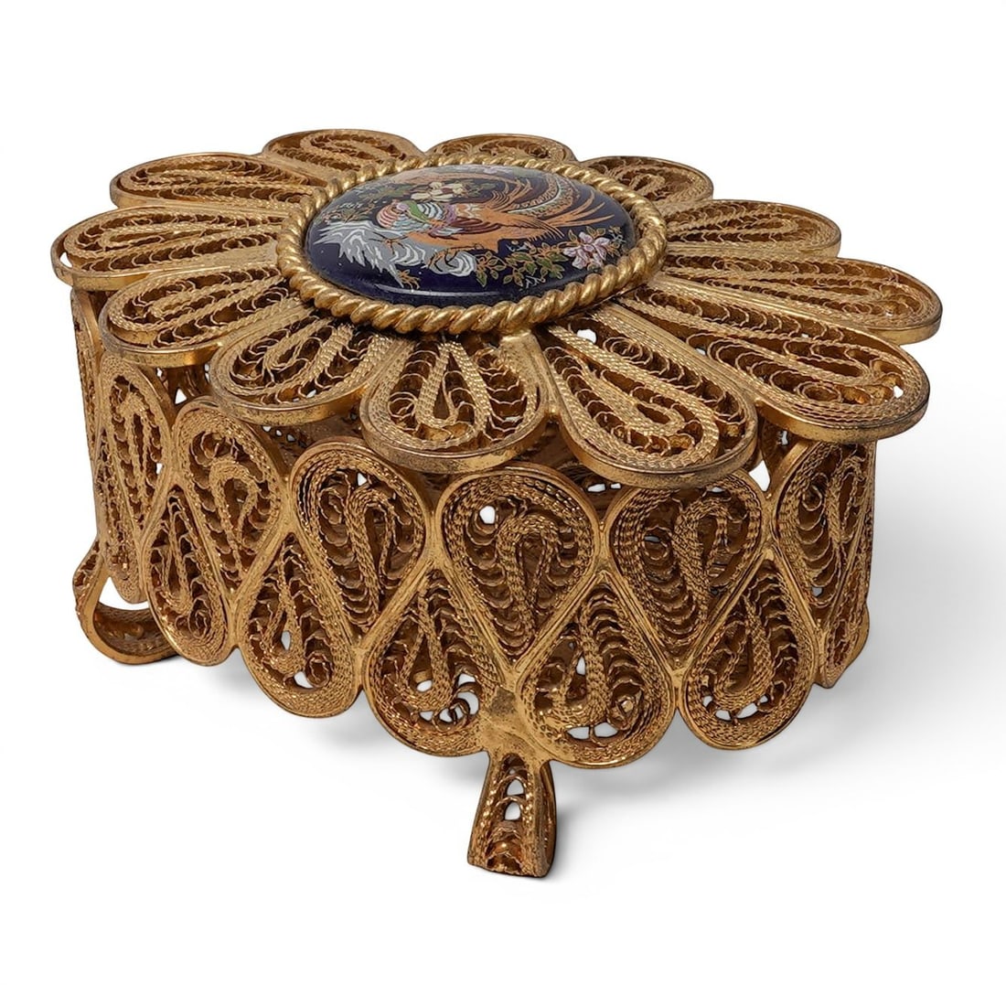 Vintage Japanese Gilt Brass Filigree & Enamel Dresser Box: Vintage Japanese Gilt Brass Filigree & Enamel Dresser Box Mid 20th Century, Japan Vintage Japanese dresser box of oval form, finely executed in gilt brass filigree with elaborate openwork scroll decor