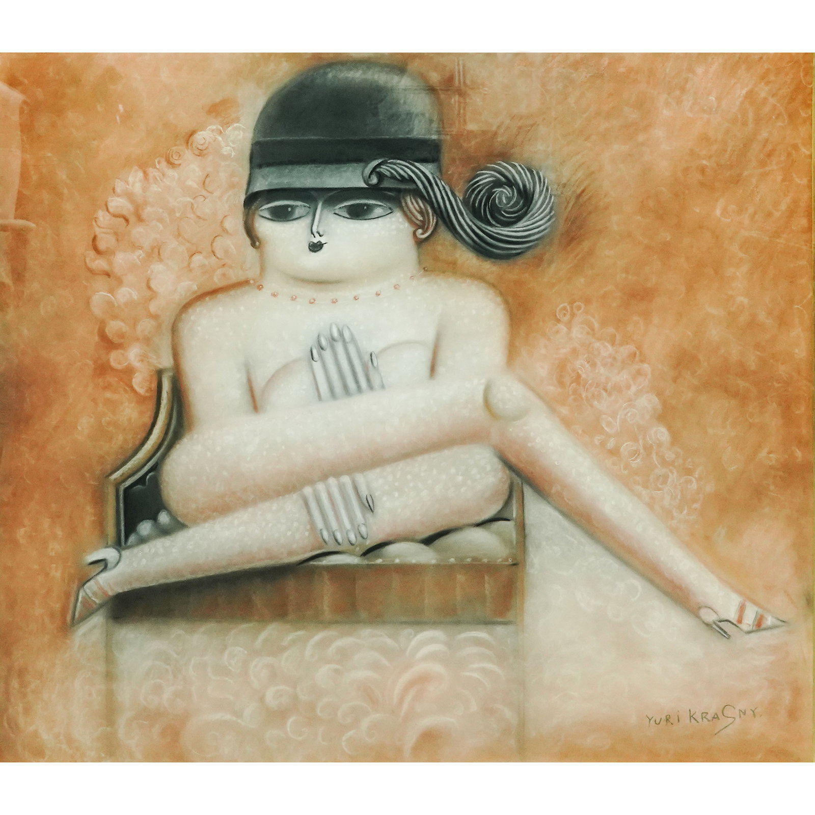 Yuri Krasny (Ukrainian, 1925–2005) Pastel On Paper Painting: Yuri Krasny (Ukrainian, 1925–2005) Pastel On Paper Painting 20th Cent., Ukranian This large-scale portrait showcases Krasny's highly distinctive signature aesthetic, featuring an over-life-size, dol