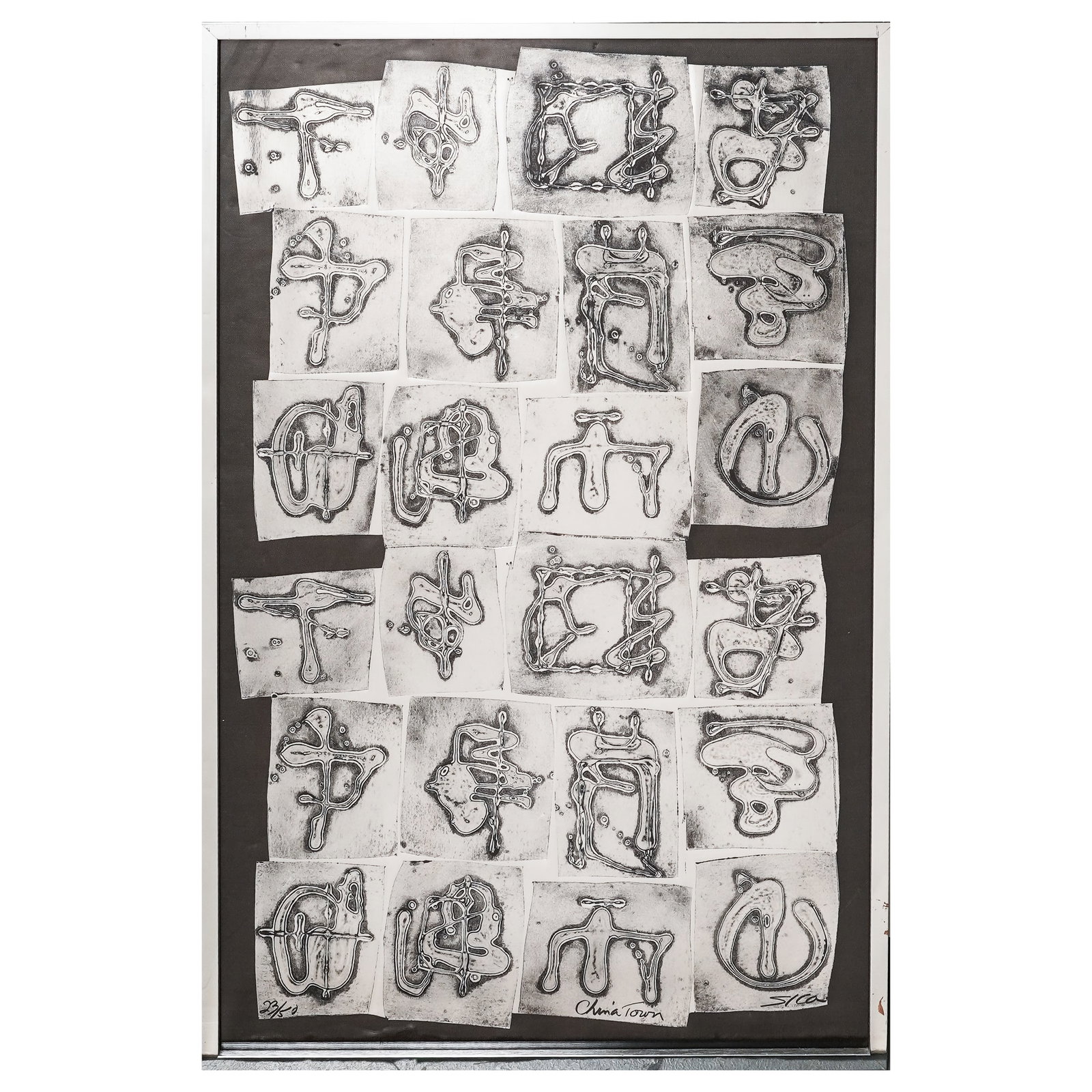 Marilyn "Sica" Thompson (American, 1932–2022) Abstract Collograph Foil Paper with/ COA: Marilyn "Sica" Thompson (American, 1932–2022) Abstract Collograph Foil Paper with/ COA c. 1970s-1980s, USA "Chinatown" large collograph on foil paper by Sica with Certificate of Authenticity. This a