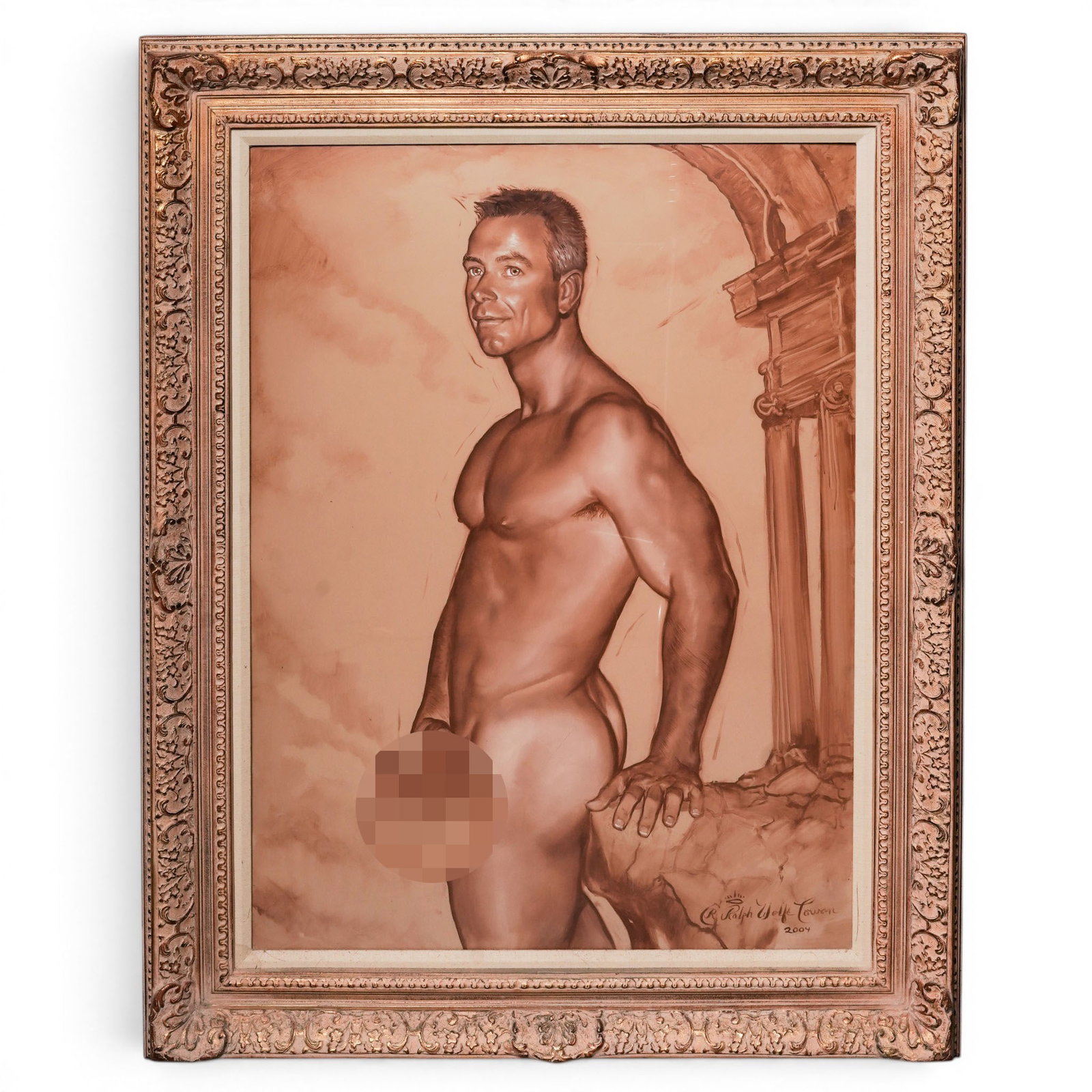 Ralph Wolfe Cowan (American, 1934) Nude Male Portrait, Gouache on Paper: Ralph Wolfe Cowan (American, 1934) Nude Male Portrait, Gouache on Paper 2004, USA Monochromatic portrait of a standing male nude rendered in gouache sepia tones, depicted before a classical architectu