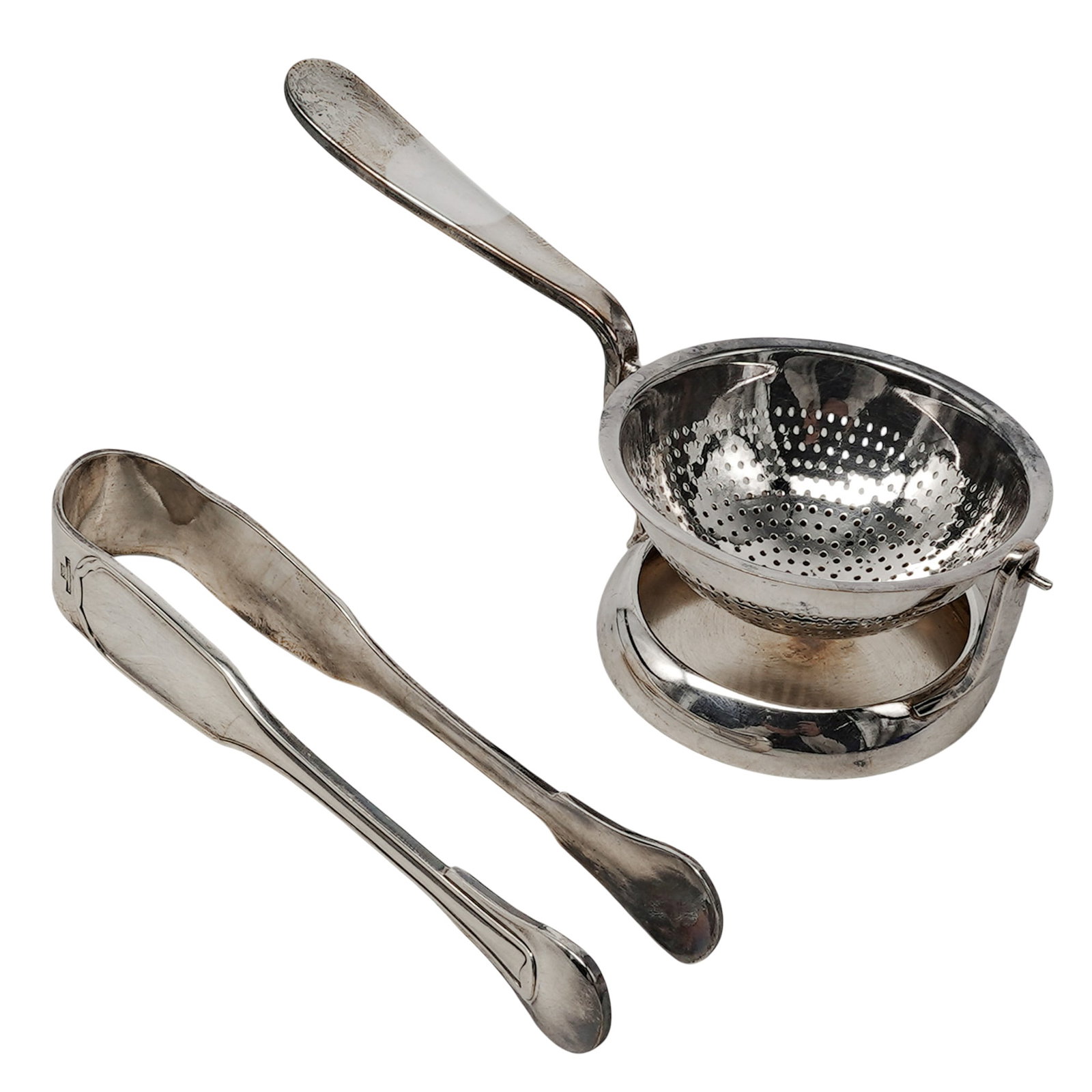 (2 pc) Christofle "Bascule" Silver Plated Tea Strainer & Tongs Set (1 of 7)