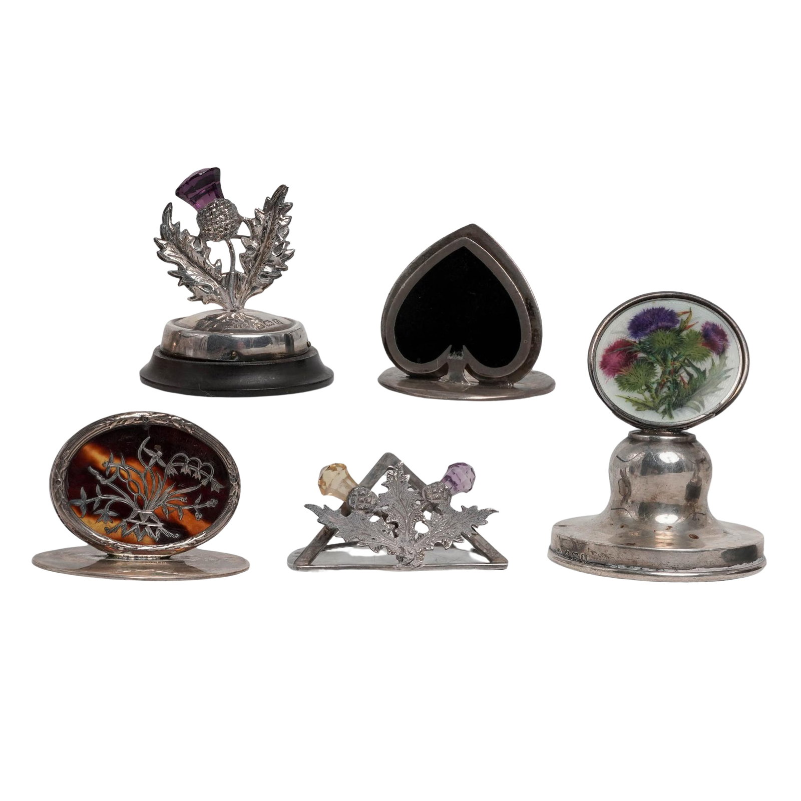 (5 pc) Antique English Sterling Silver, Enamel & Gemstone Place Card Holders (1 of 9)
