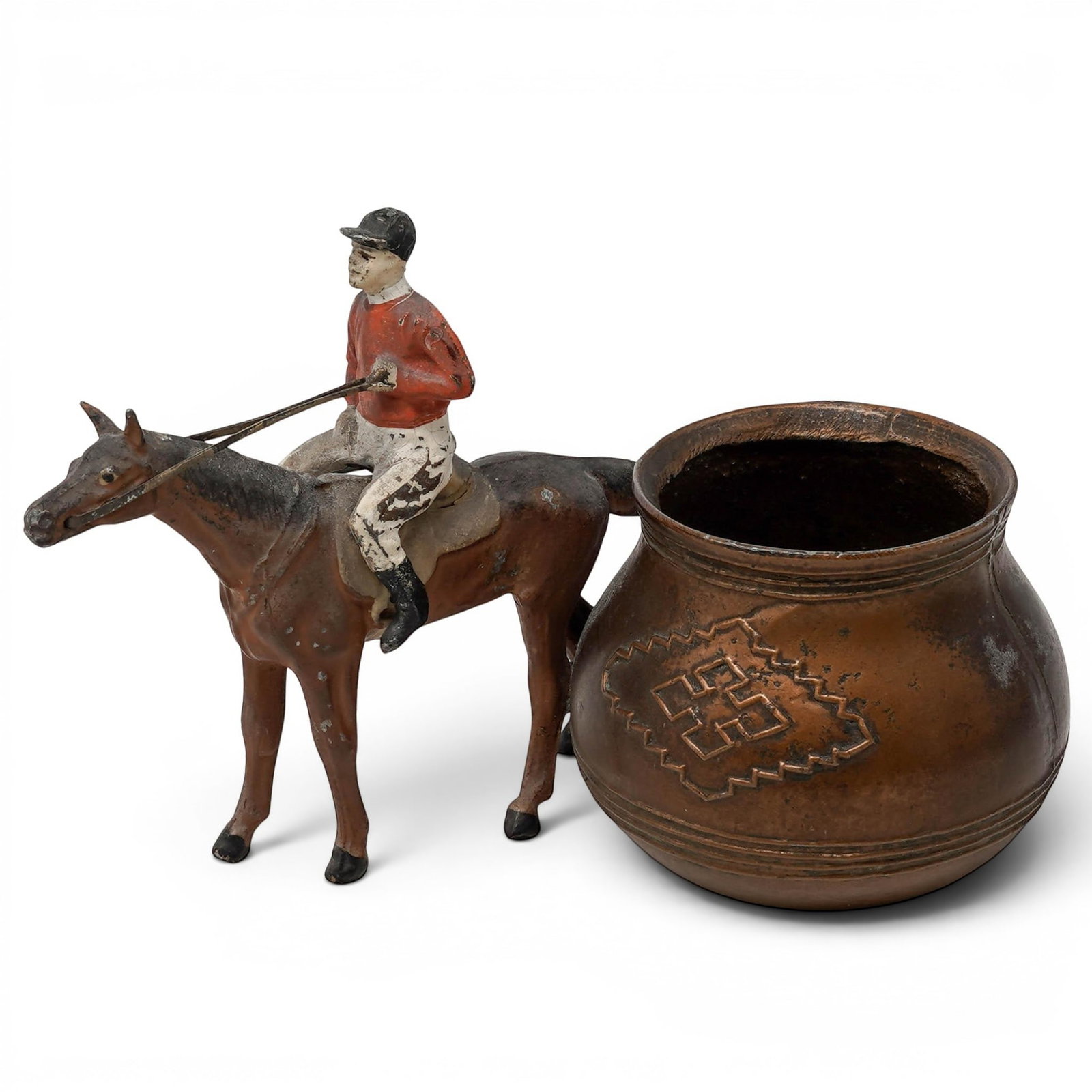 Antique German Polychrome Brass Equestrian Match Holder: Antique German Polychrome Brass Equestrian Match Holder Late 19th Century, Germany Antique German brass match holder featuring a cold-painted polychromed equestrian figure in riding attire mounted upo