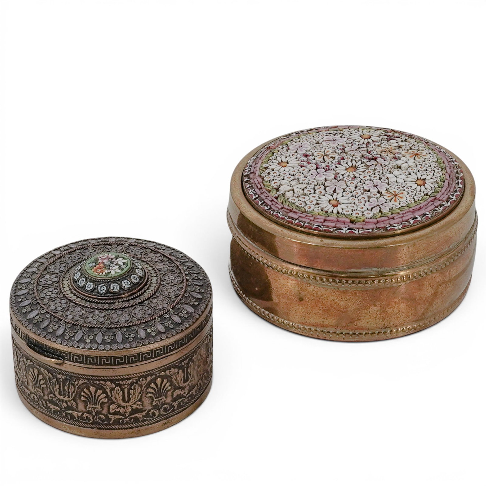 (2 pcs) Antique Italian Micro Mosaic Brass Boxes: (2 pcs) Antique Italian Micro Mosaic Brass Boxes Late 19th-early 20th century, Italy A set of two antique micro-mosaic detailed brass boxes. H 1.375"- 1.75" x Diameter 2.25"- 2.75"