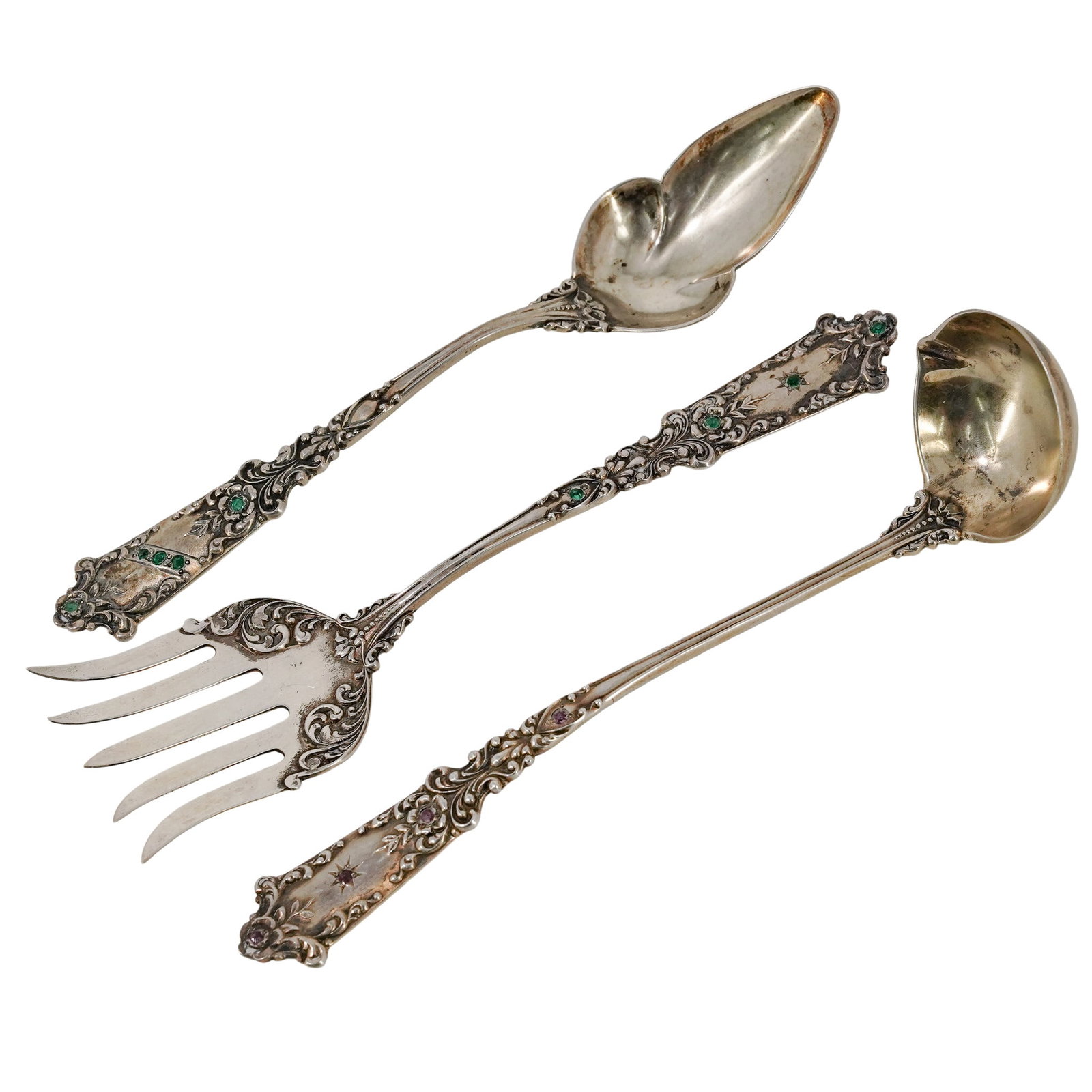 (3 pc) R. Blackington & Co "Marie Antionette" Sterling Silver Set w/ Inset Gemstones: (3 pc) R. Blackington & Co "Marie Antionette" Sterling Silver Set w/ Inset Gemstones c. 1905. USA These pieces are exceptionally rare custom variants featuring original jeweler-set genuine faceted gem