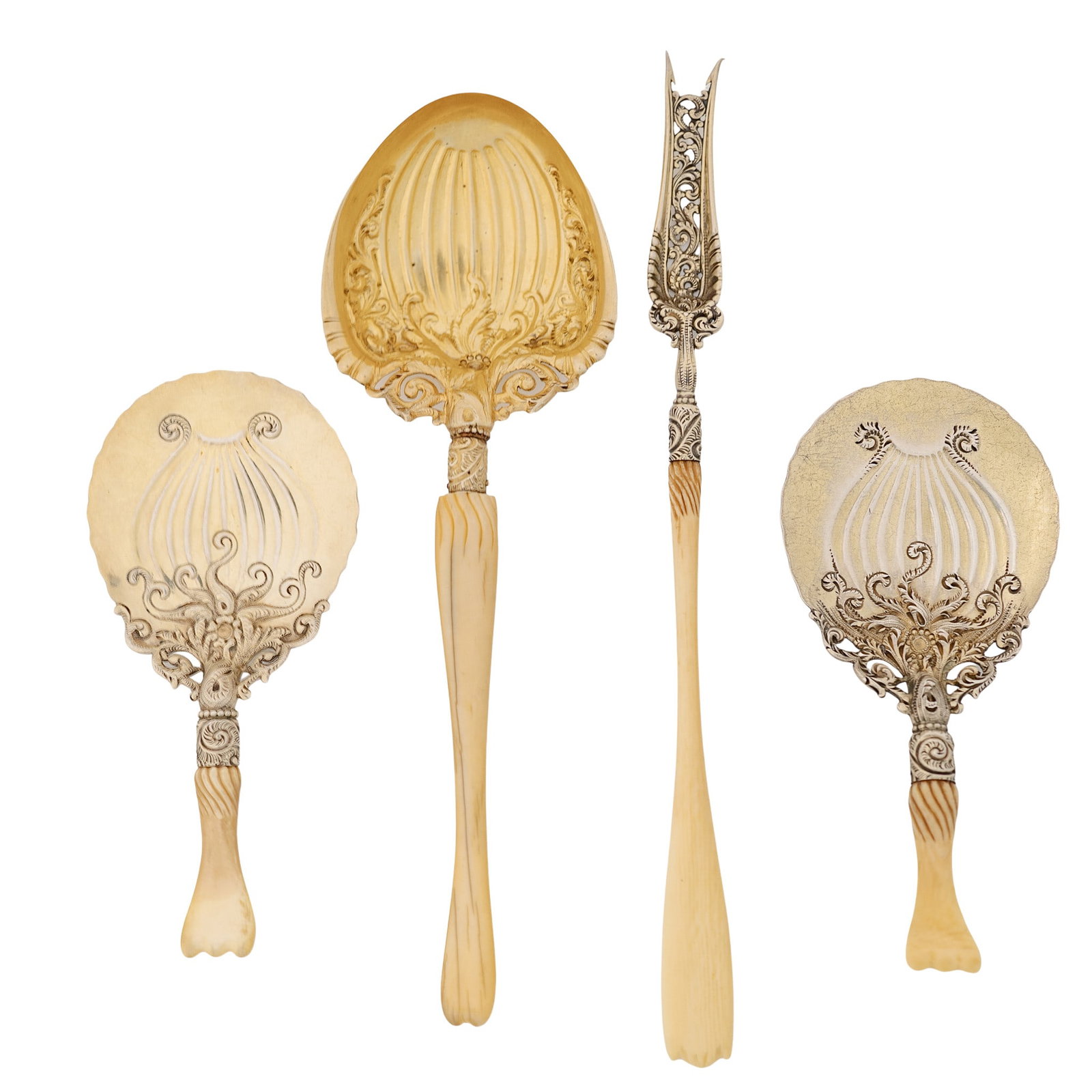 (4 Pc) Whiting Manufacturing Co. x Charles Osborne "Ivory" Sterling & Bone Serving Set: (4 Pc) Whiting Manufacturing Co. x Charles Osborne "Ivory" Sterling & Bone Serving Set Circa 1890. American 4-piece Victorian-era luxury serving set manufactured by the prestigious Whiting