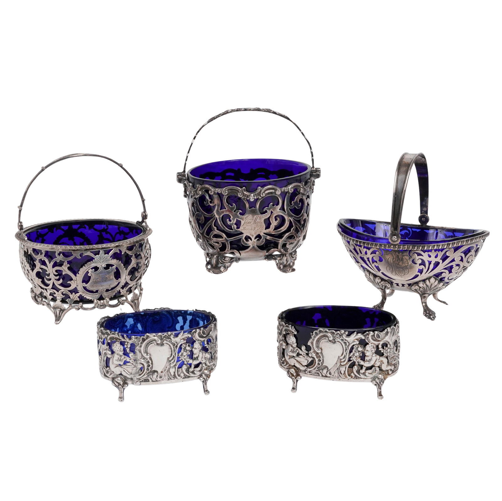 (5 pcs) Antique Sterling Silver & Cobalt Glass Tableware (1 of 15)