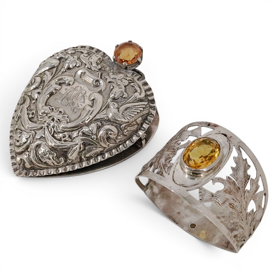 H. Matthews Sterling Silver & Citrine Letter Clip and Napkin Ring: H. Matthews Sterling Silver & Citrine Letter Clip and Napkin Ring Late 19th Cent, England Group comprising a sterling silver hear-shaped letter clip and sterling silver napkin ring by H. Matthews.