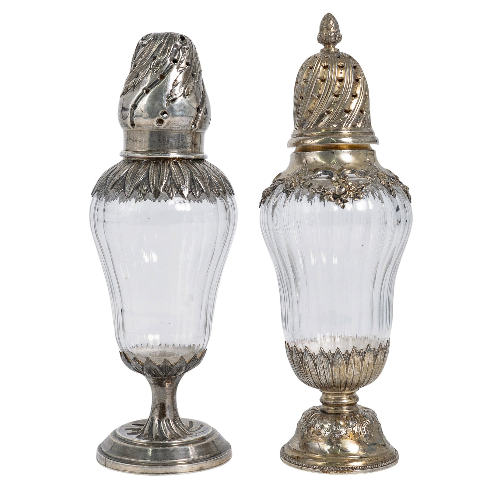 (2 pcs) Antique French Silver Glass Sugar Shakers: (2 pcs) Antique French Silver Glass Sugar Shakers Late 19th-early 20th century, French A set of two antique French silver mounted glass sugar shakers. (1) Henin & Vivier antique French silver mounted