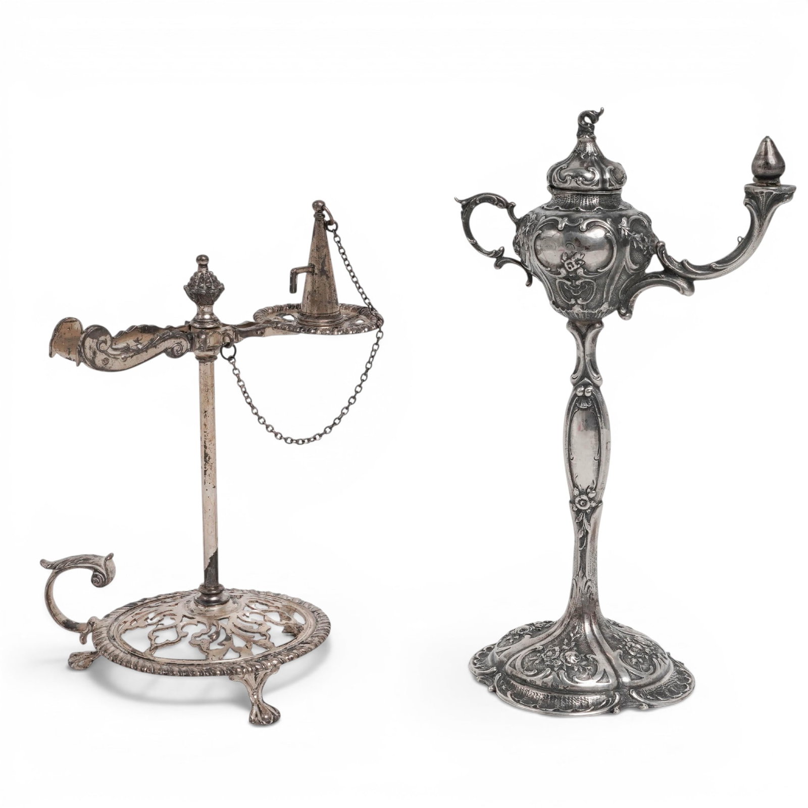 (2 pc) Antique 800 & Sterling Silver Wax Jack and Oil Lamp: (2 pc) Antique 800 & Sterling Silver Wax Jack and Oil Lamp 19th Century, USA/Germany Group comprising a sterling silver wax jack and an .800 silver oil lamp. Each features decorative silver