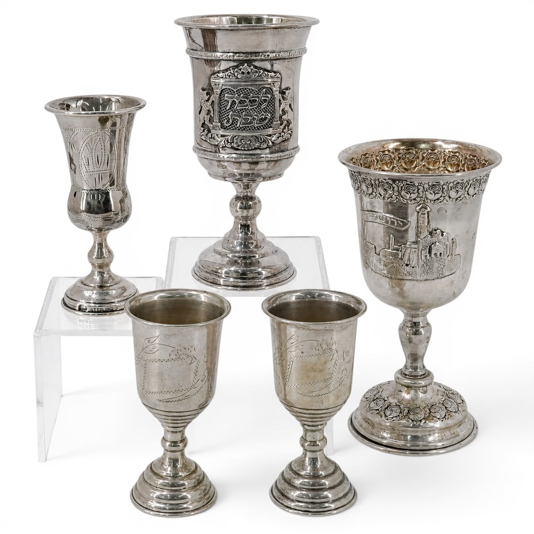 (5 pc) Judiaca Sterling Silver Kiddush Cups Wine Goblets (1 of 13)