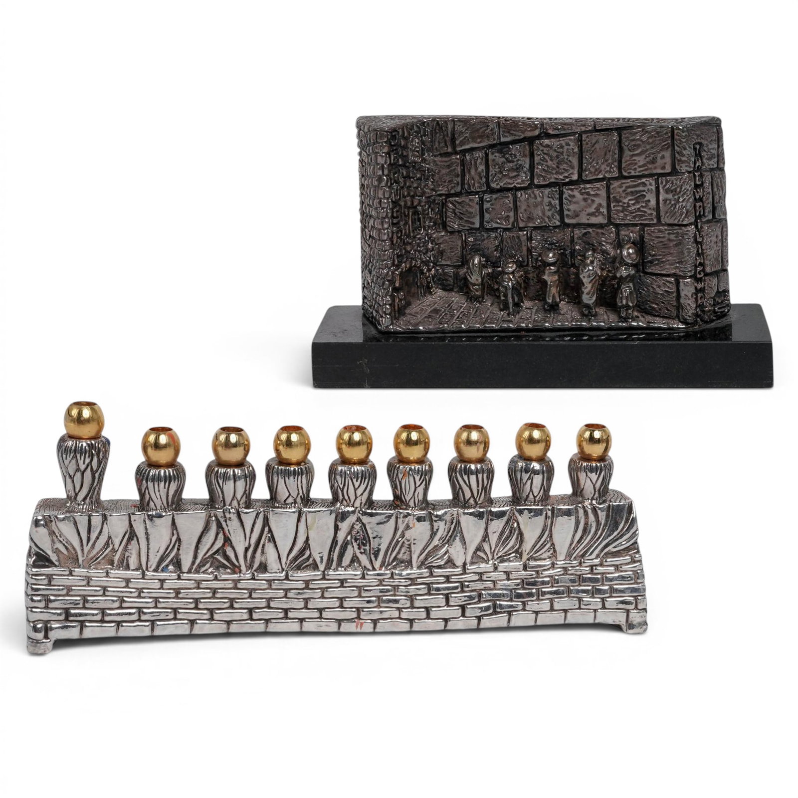 (2 pc) Vintage Sterling Silver & Western Wall Menorah: (2 pc) Vintage Sterling Silver & Western Wall Menorah 20th - 21st Cent, Likely Israel Group comprising a sterling silver menorah and a sterling silver model of the Western Wall. The Hanukiah features 