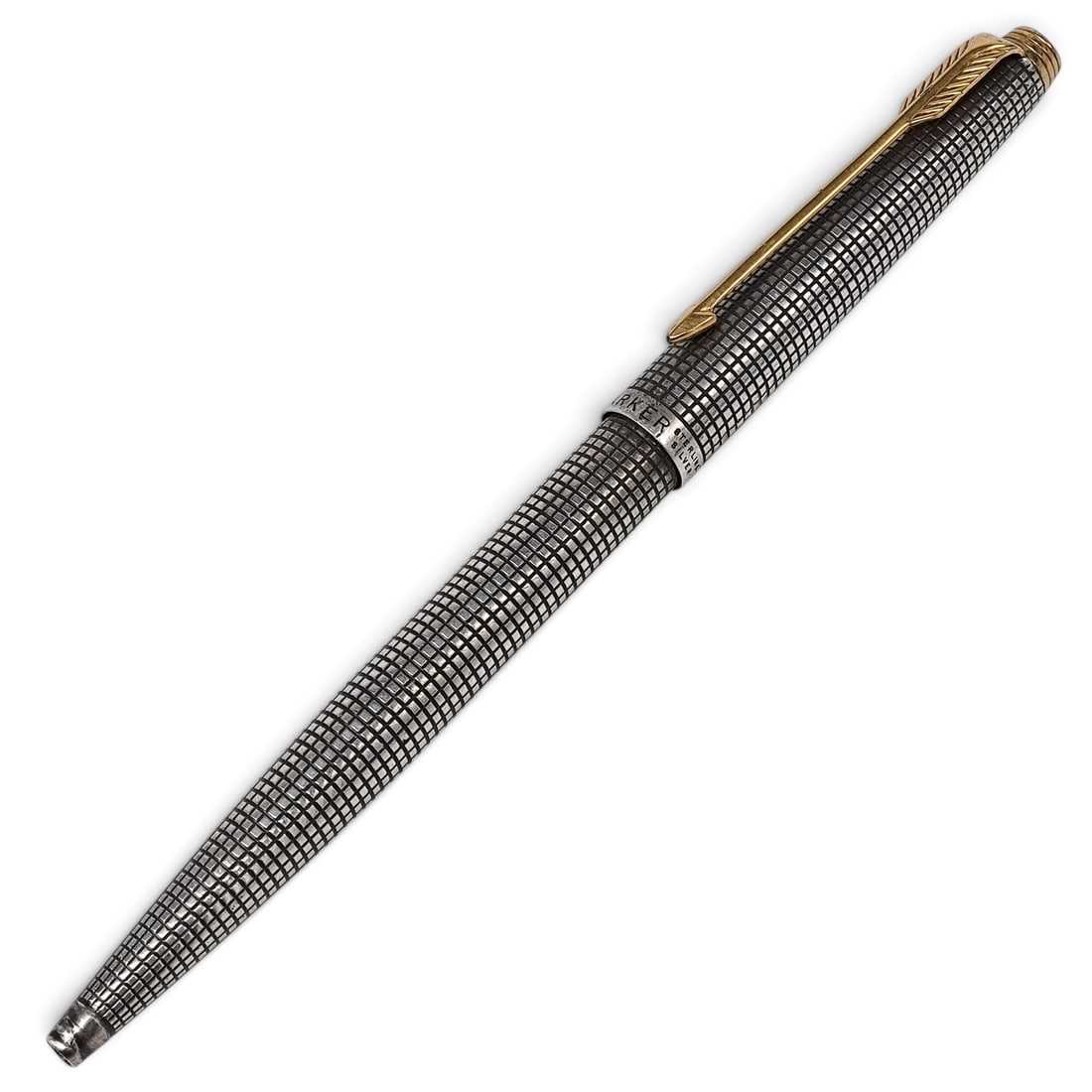 Parker Sterling Silver Pen: Parker Sterling Silver Pen 20th Cent. USA Parker Sterling Silver Pen featuring a grid pattern and completed with gold tone clip. Marked Sterling Silver. Total Weight: 15 Grams L; 5"