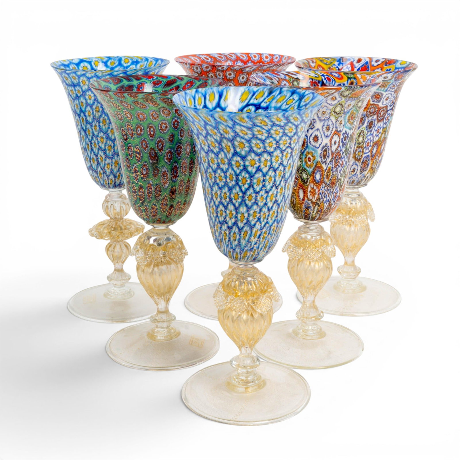 (6pc) D'Este Vetreria Artigianale Murano Millefiore Glass Goblets (1 of 6)