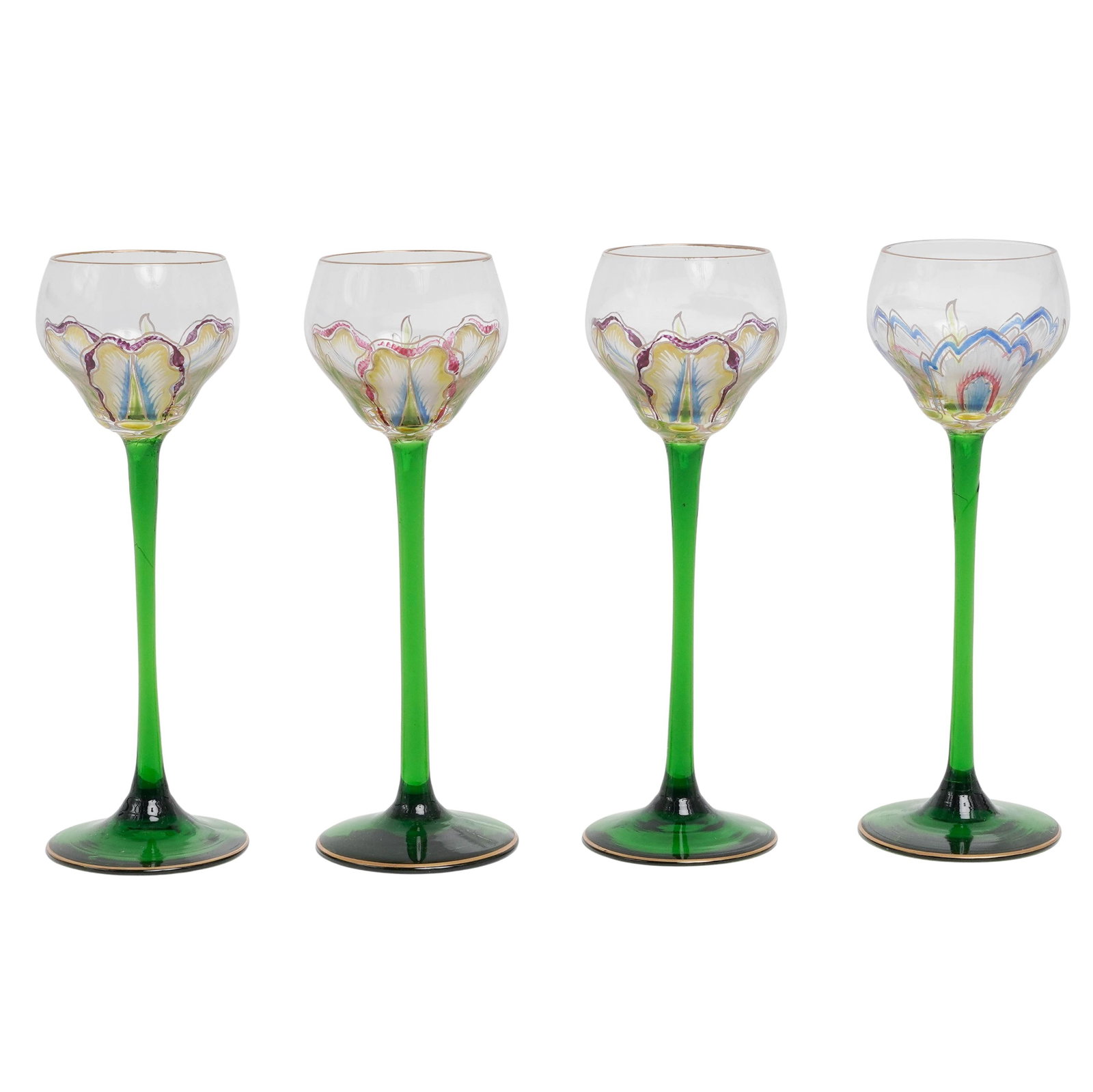 (4 pc) Art Nouveau Theresienthal Enameled Liqueur Glasses: (4 pc) Art Nouveau Theresienthal Enameled Liqueur Glasses 19th - Early 20th Cent, European Group of four (4) Art Nouveau liqueur glasses Theresienthal, featuring enameled decoration with flowing flora