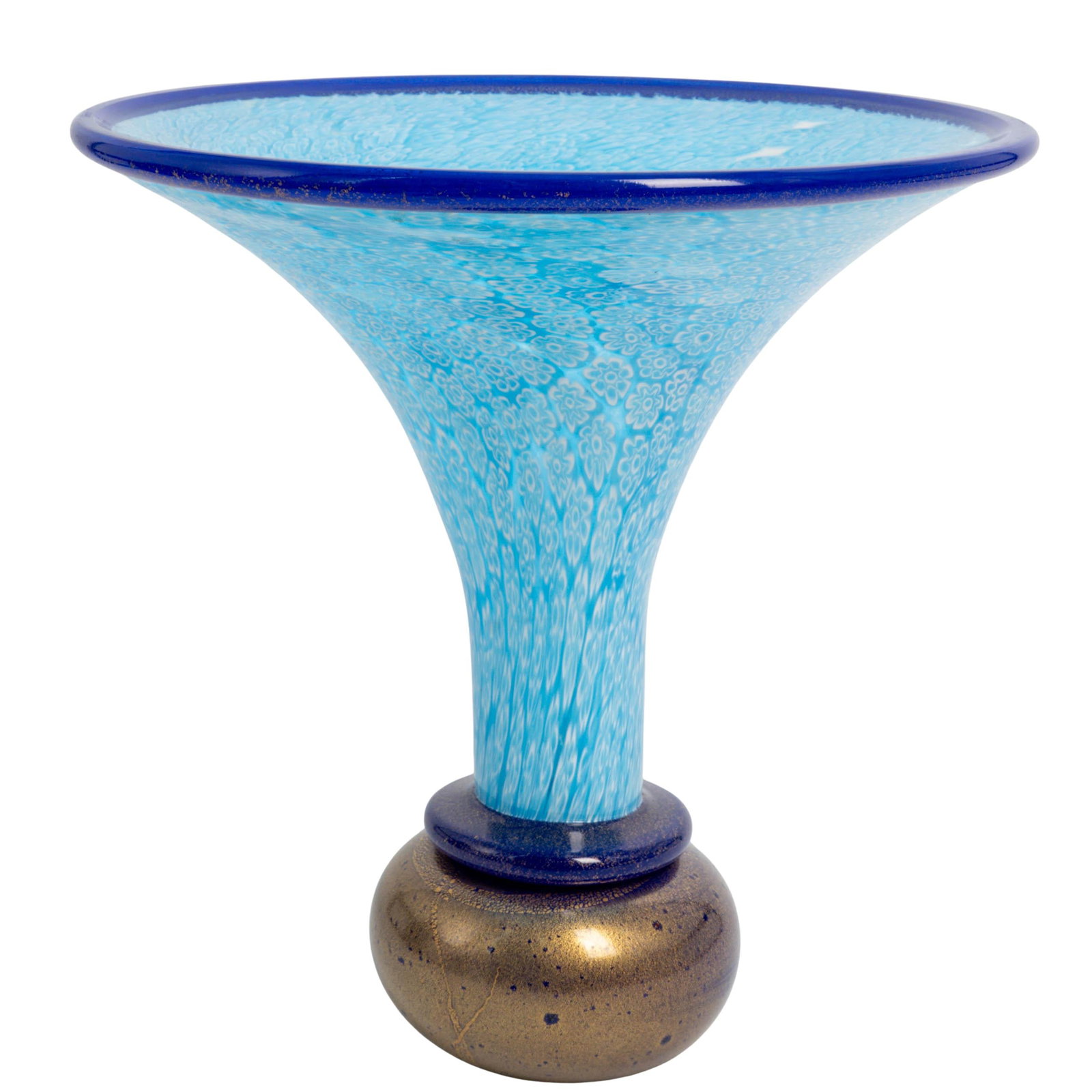 Murano Gambaro & Poggi Millefiori Glass Fluted Vase: Murano Gambaro & Poggi Millefiori Glass Fluted Vase Mid 20th Cent., Italian This piece is a Murano Gambaro and Poggi blown-glass footed bowl featuring blue millefiori patterns. It is designed with a