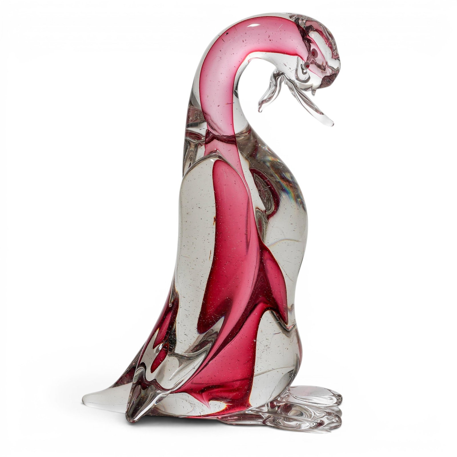 Murano Bullicante Glass Pink Duck: Murano Bullicante Glass Pink Duck 20th Cent. Italian This Murano-style penguin figurine is crafted using the celebrated bullicante technique. It features a rich magenta-pink inner core infused with a