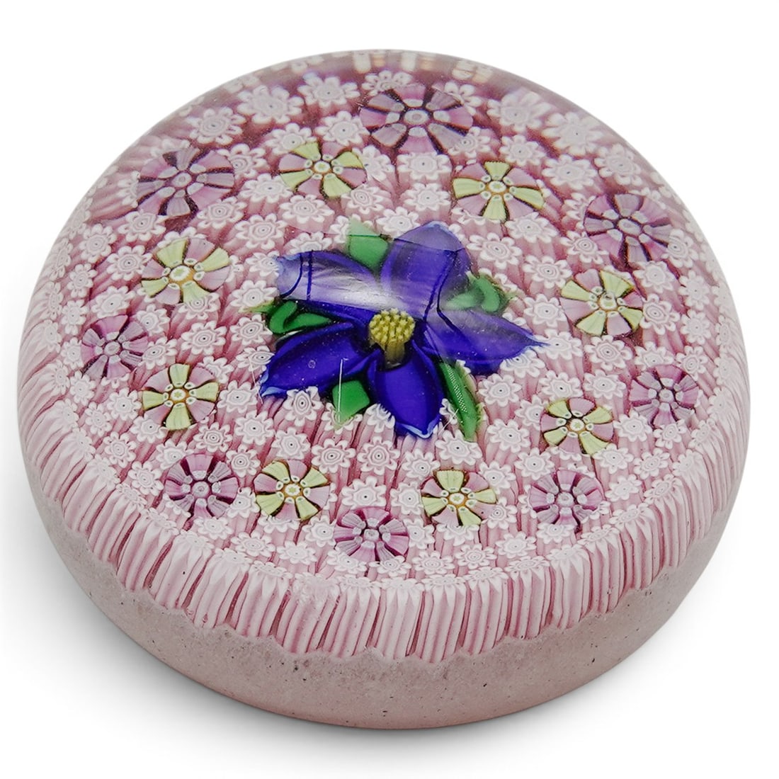 Perthshire Millefiori Art Glass Paperweight Crieff Scotland Sculpture: Perthshire Millefiori Art Glass Paperweight Crieff Scotland Sculpture 20th century, Scottish A smooth, clear glass dome with a flat bottom, multi-colored flowers on pinkish-green carpet ground paperwe